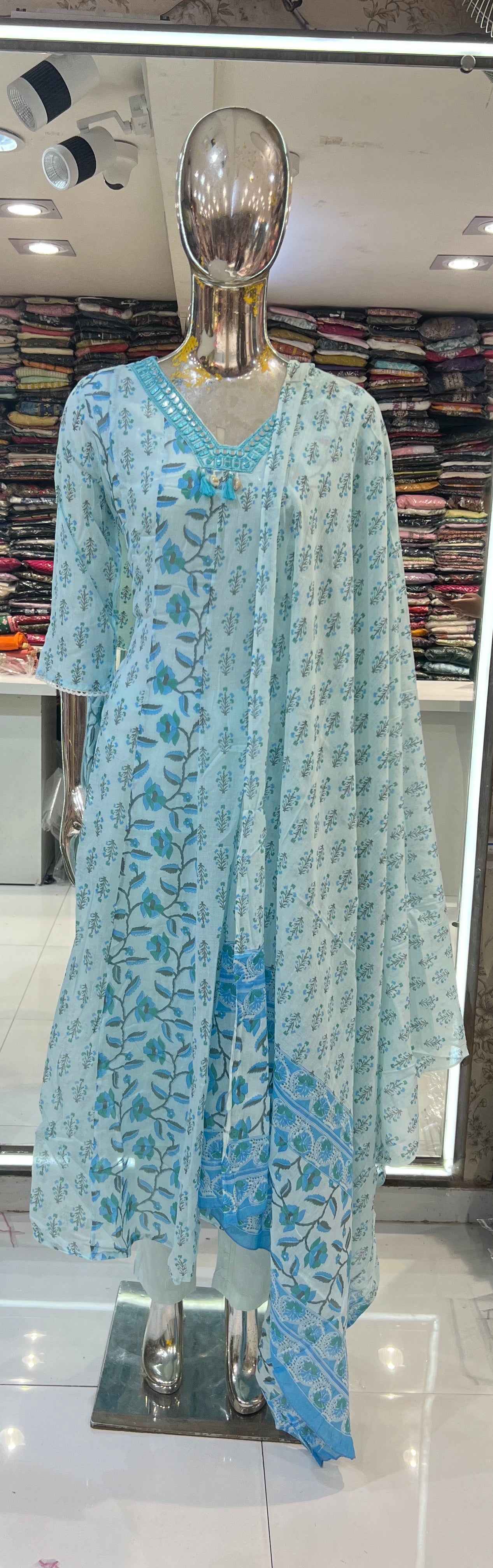 Pure Mull Cotton Shoulder Anarkali Floral Print Blue Color