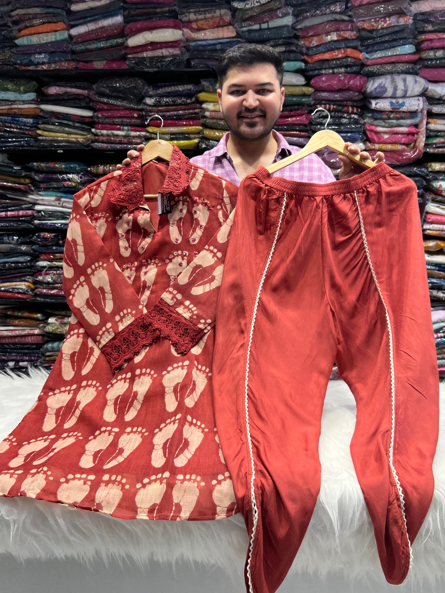 Elegant Coord Set – Pure Linen Cotton with Tulip Pants Heena red