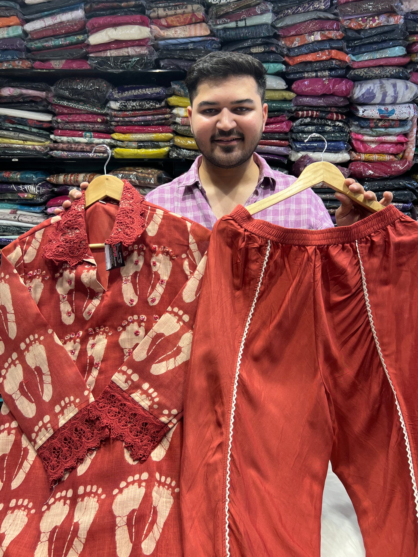 Elegant Coord Set – Pure Linen Cotton with Tulip Pants Heena red