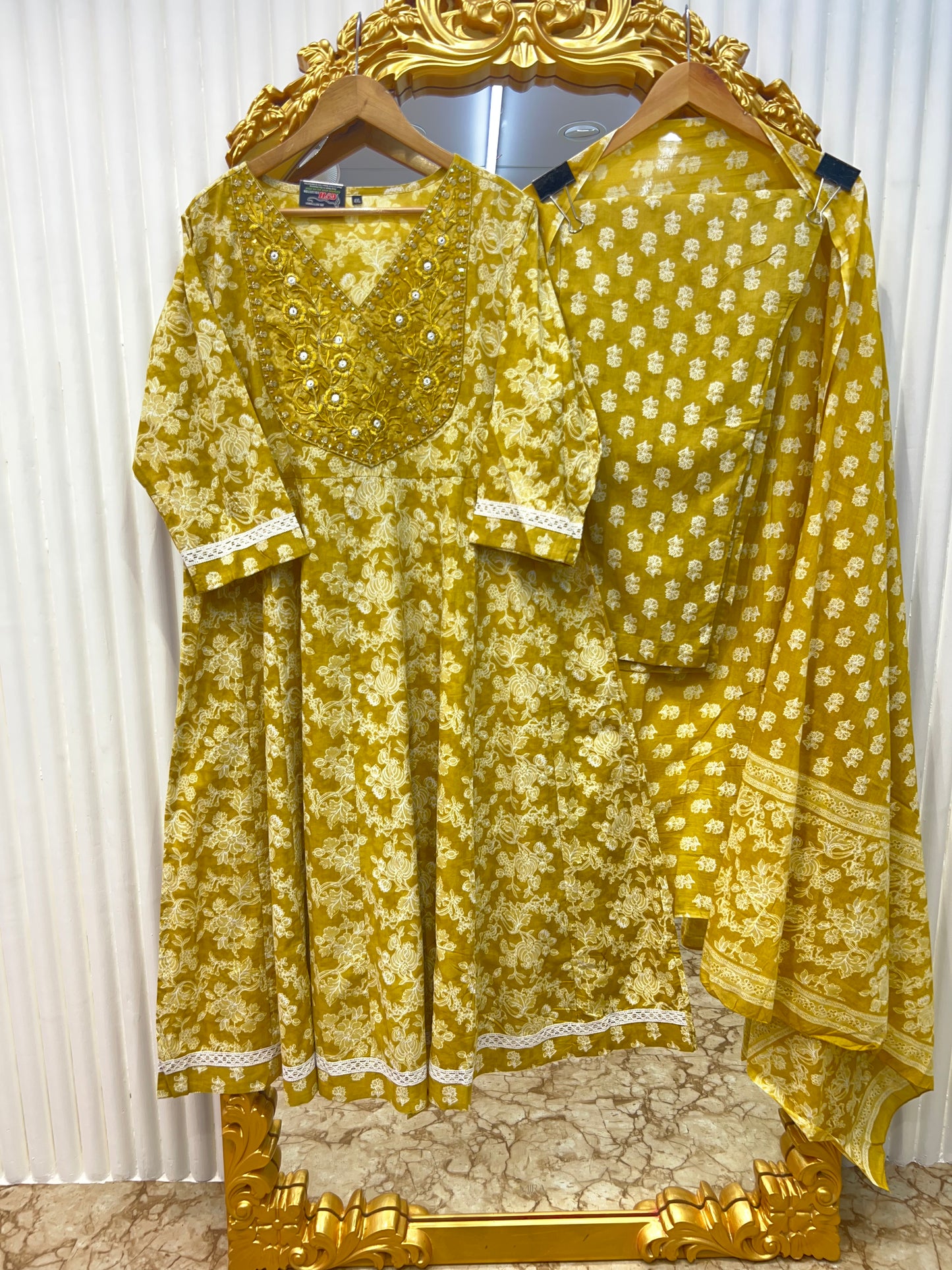 Pure Cotton Anarkali with Premium Lace ā Summer Wear Dress - in Regal Yellow and Imperial Blue