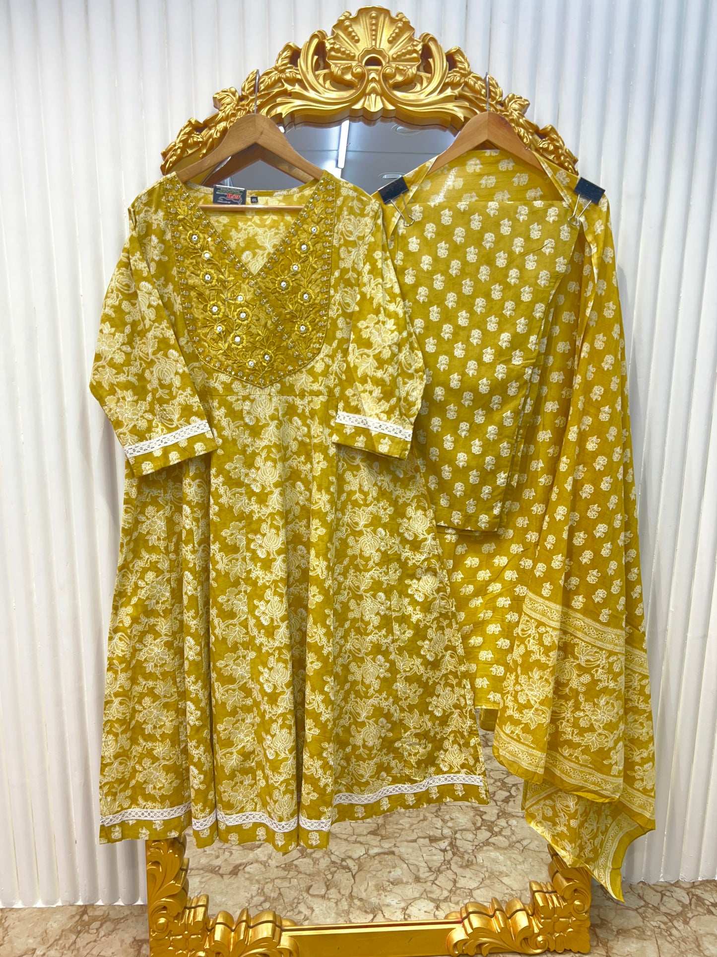 Pure Cotton Anarkali with Premium Lace ā Summer Wear Dress - in Regal Yellow and Imperial Blue