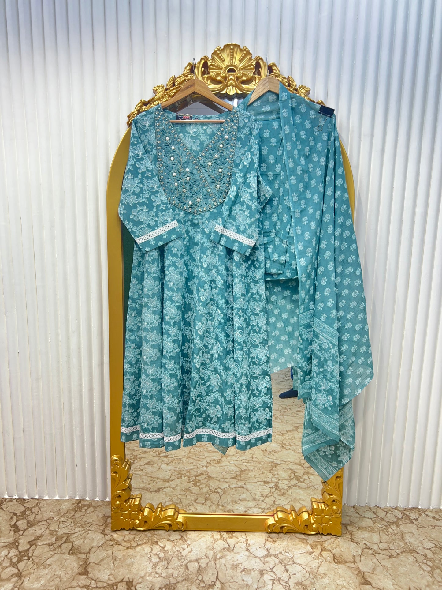 Pure Cotton Anarkali with Premium Lace ā Summer Wear Dress - in Regal Yellow and Imperial Blue