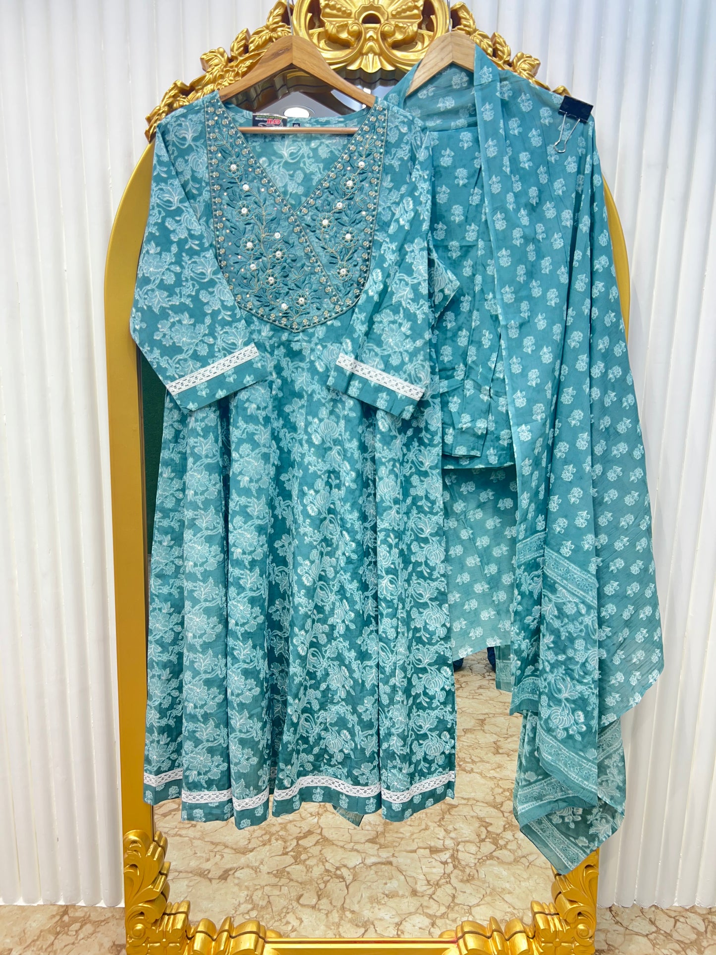 Pure Cotton Anarkali with Premium Lace ā Summer Wear Dress - in Regal Yellow and Imperial Blue