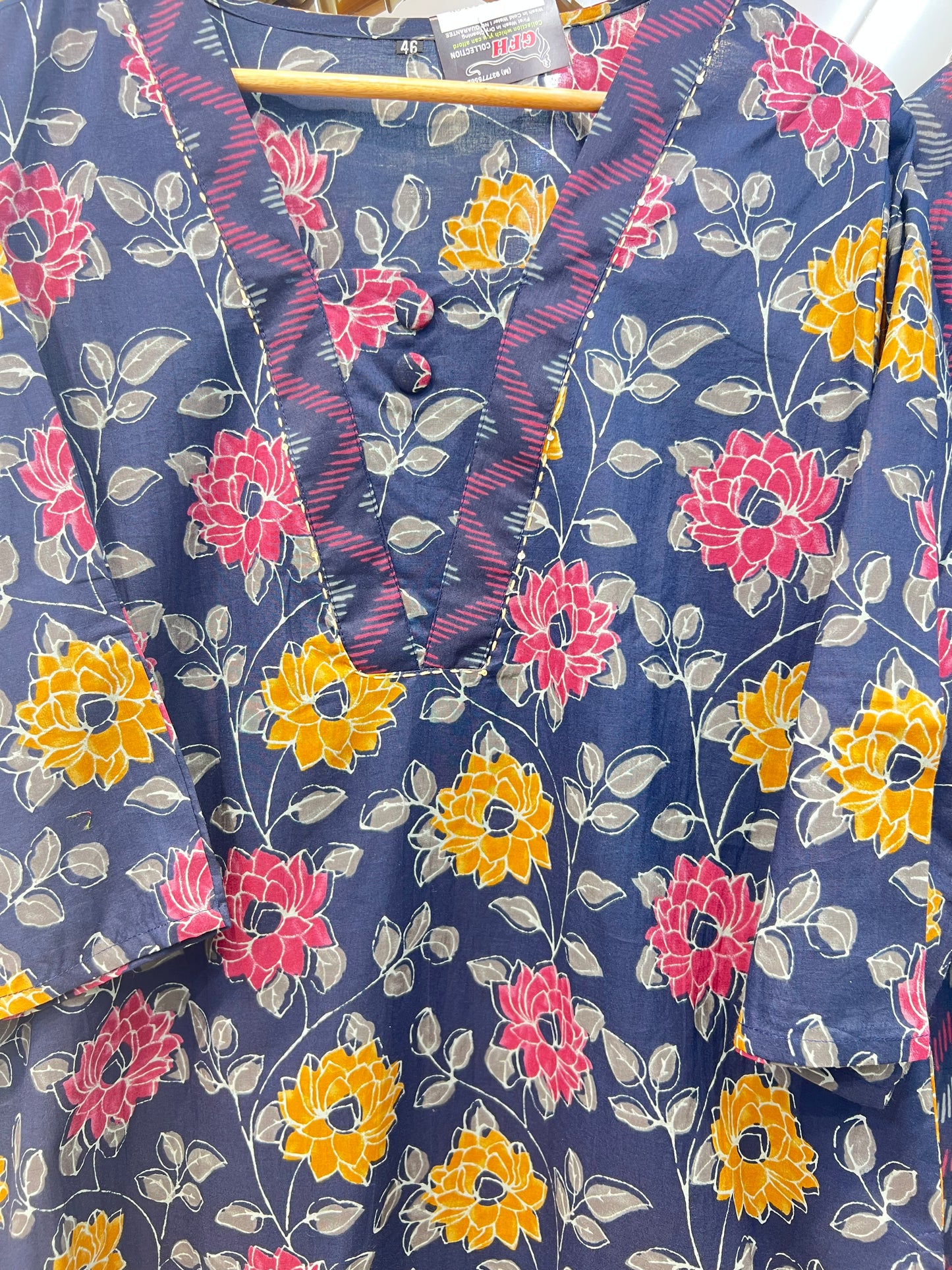 Premium Jaipuri Cotton V-Neck Printed Set | Purple Straight Kurta Deep Maroon And Navy