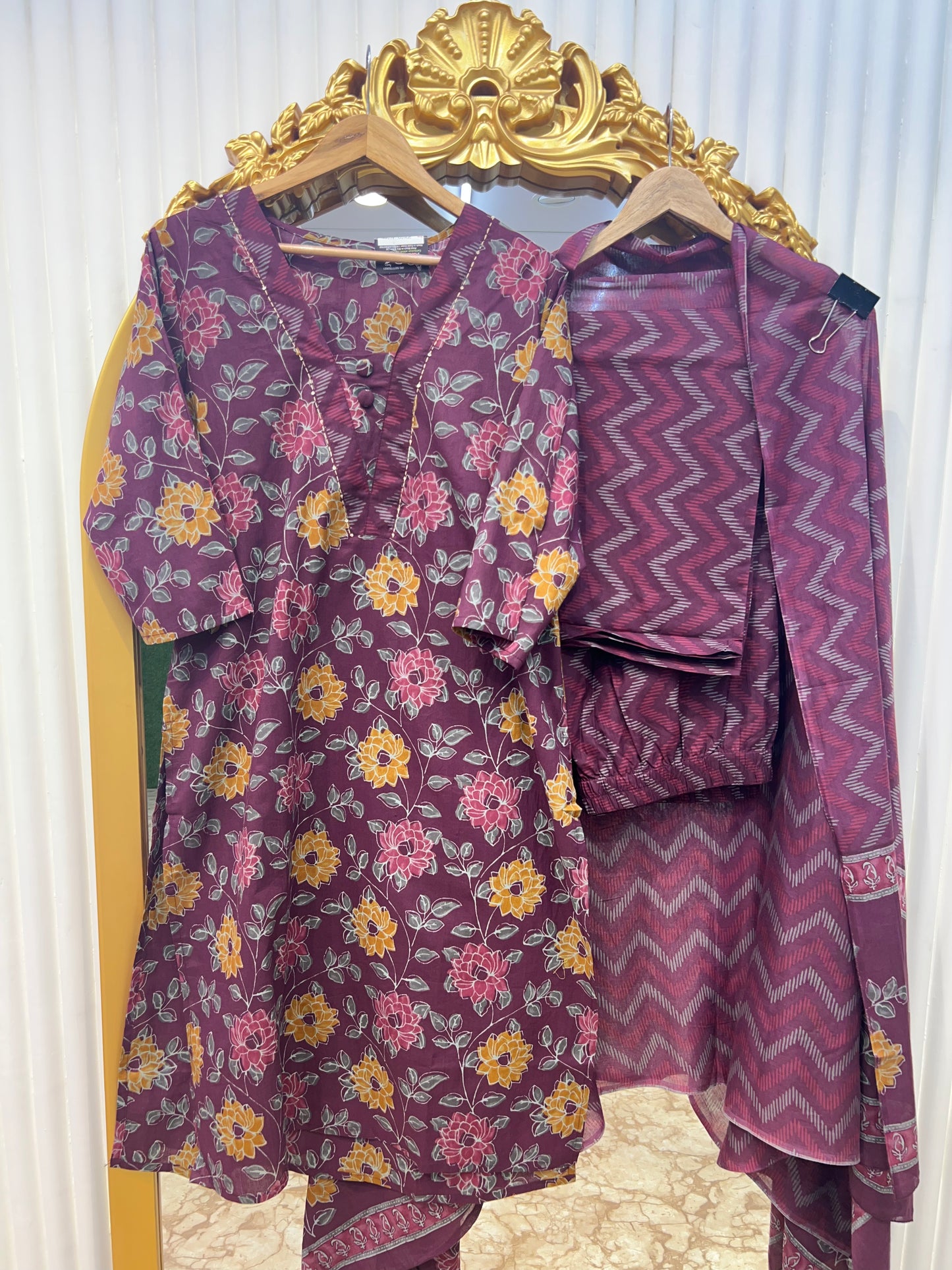 Premium Jaipuri Cotton V-Neck Printed Set | Purple Straight Kurta Deep Maroon And Navy