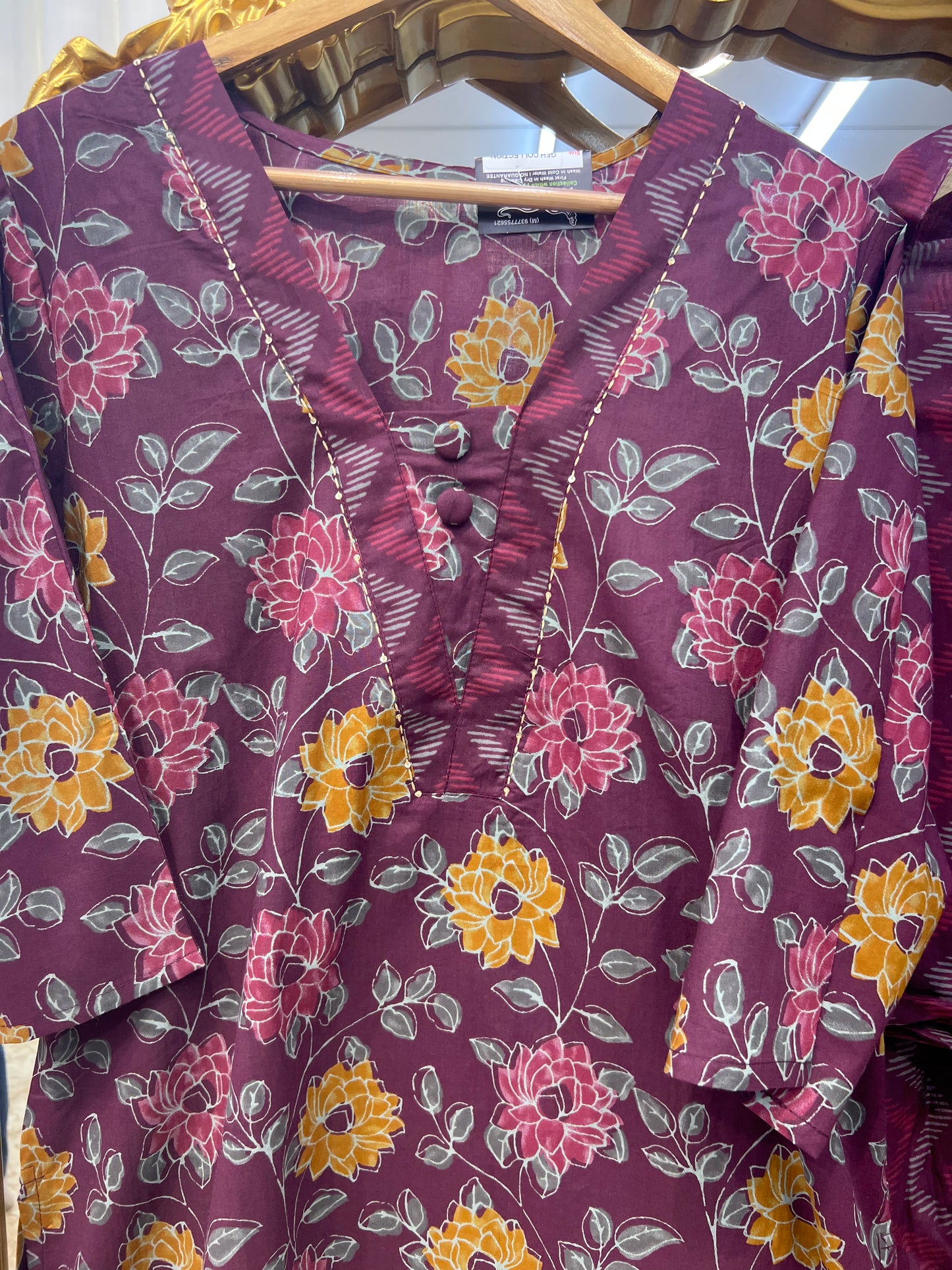 Premium Jaipuri Cotton V-Neck Printed Set | Purple Straight Kurta Deep Maroon And Navy
