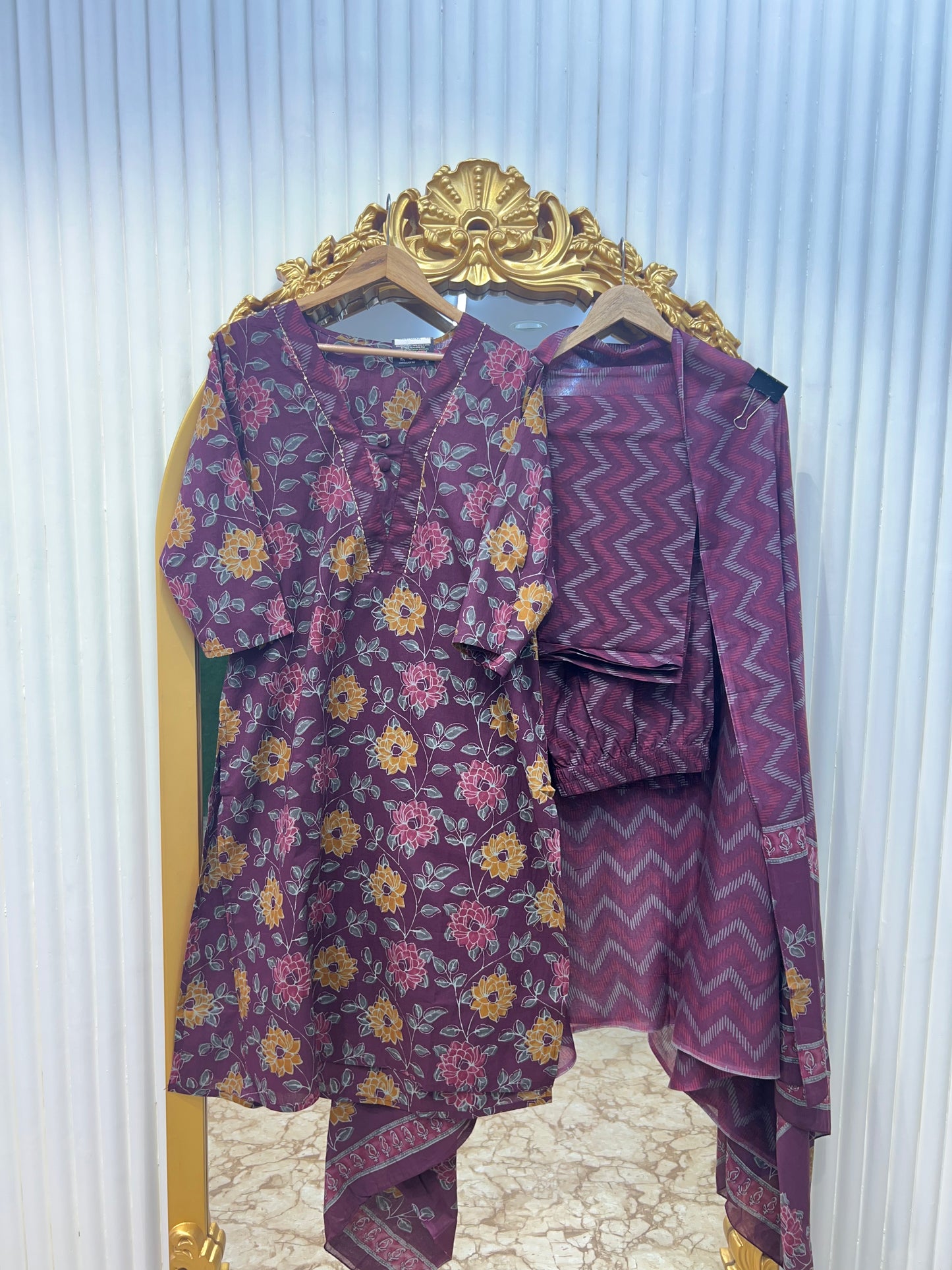Premium Jaipuri Cotton V-Neck Printed Set | Purple Straight Kurta Deep Maroon And Navy