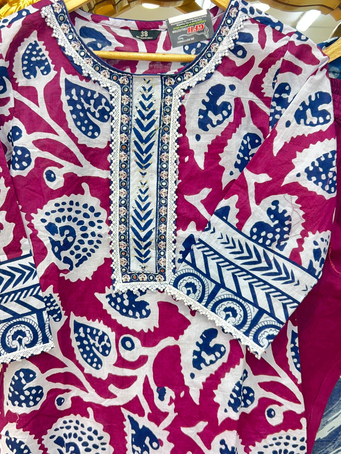 3-Piece Pure Jaipuri Cotton Suit with Lace & Sequin Work + Mul Dupatta ā Plum Wine And Blues