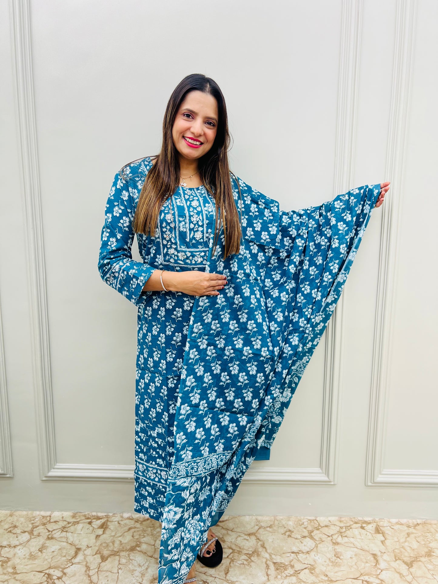 Elegant Pure jaipuri cotton with floral print & handwork– Premium Quality FIROZI COLOUR ✨