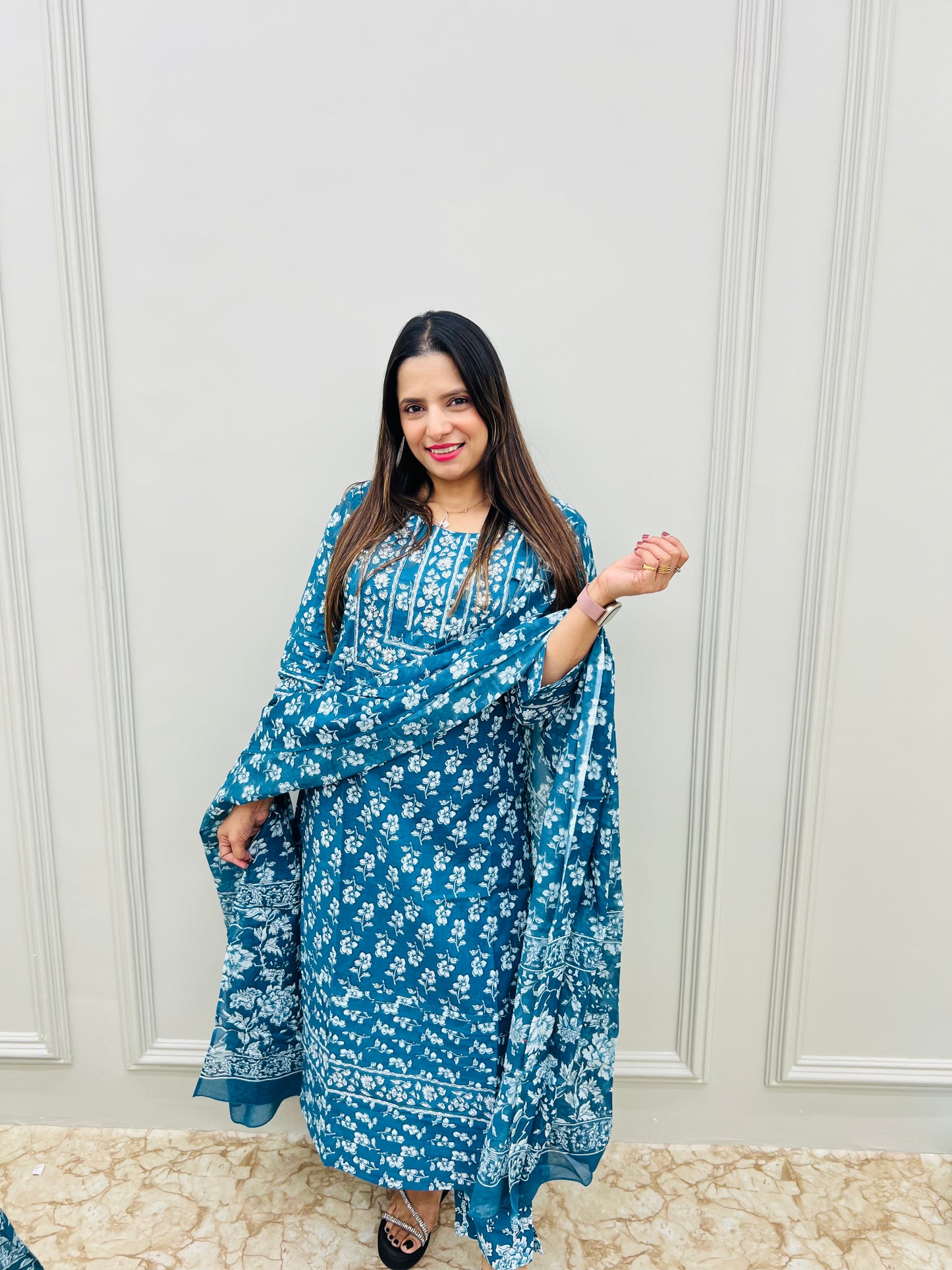 Elegant Pure jaipuri cotton with floral print & handwork– Premium Quality FIROZI COLOUR ✨