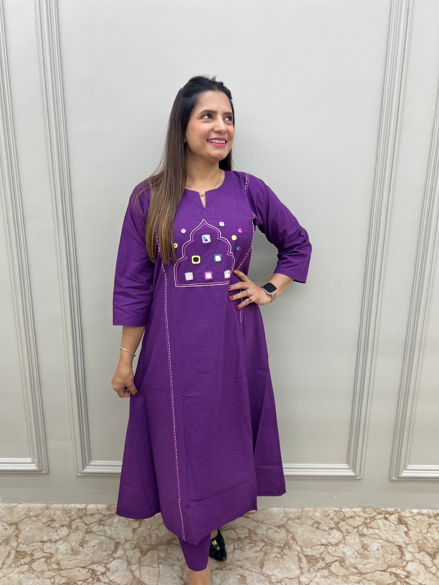 PREMIUM COMFORTABLE SLUV COTTON GAMTHI WORK PLAZZO 2 PC SET- Purple & Mustard color