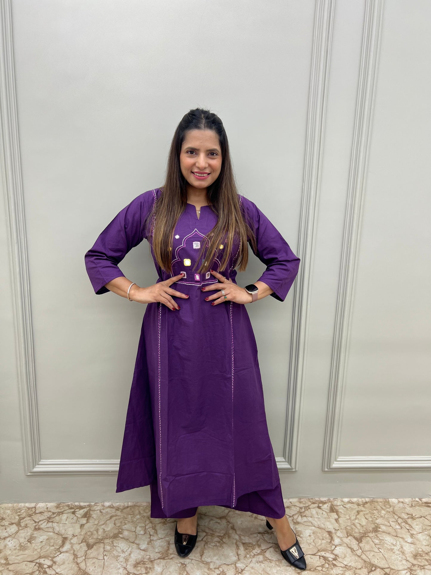 PREMIUM COMFORTABLE SLUV COTTON GAMTHI WORK PLAZZO 2 PC SET- Purple & Mustard color