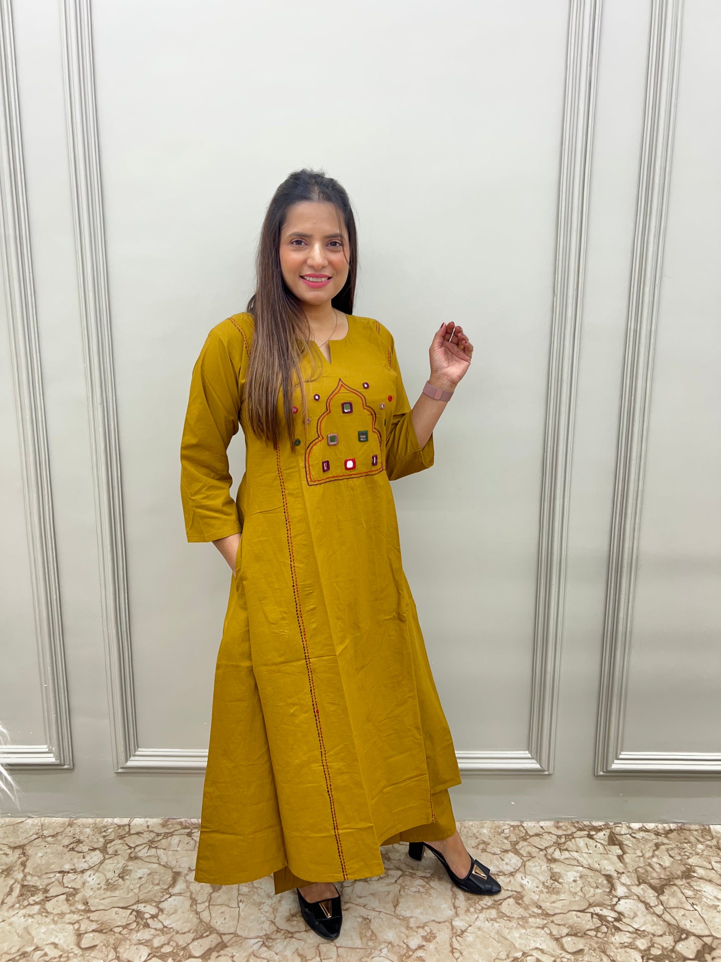 PREMIUM COMFORTABLE SLUV COTTON GAMTHI WORK PLAZZO 2 PC SET- Purple & Mustard color
