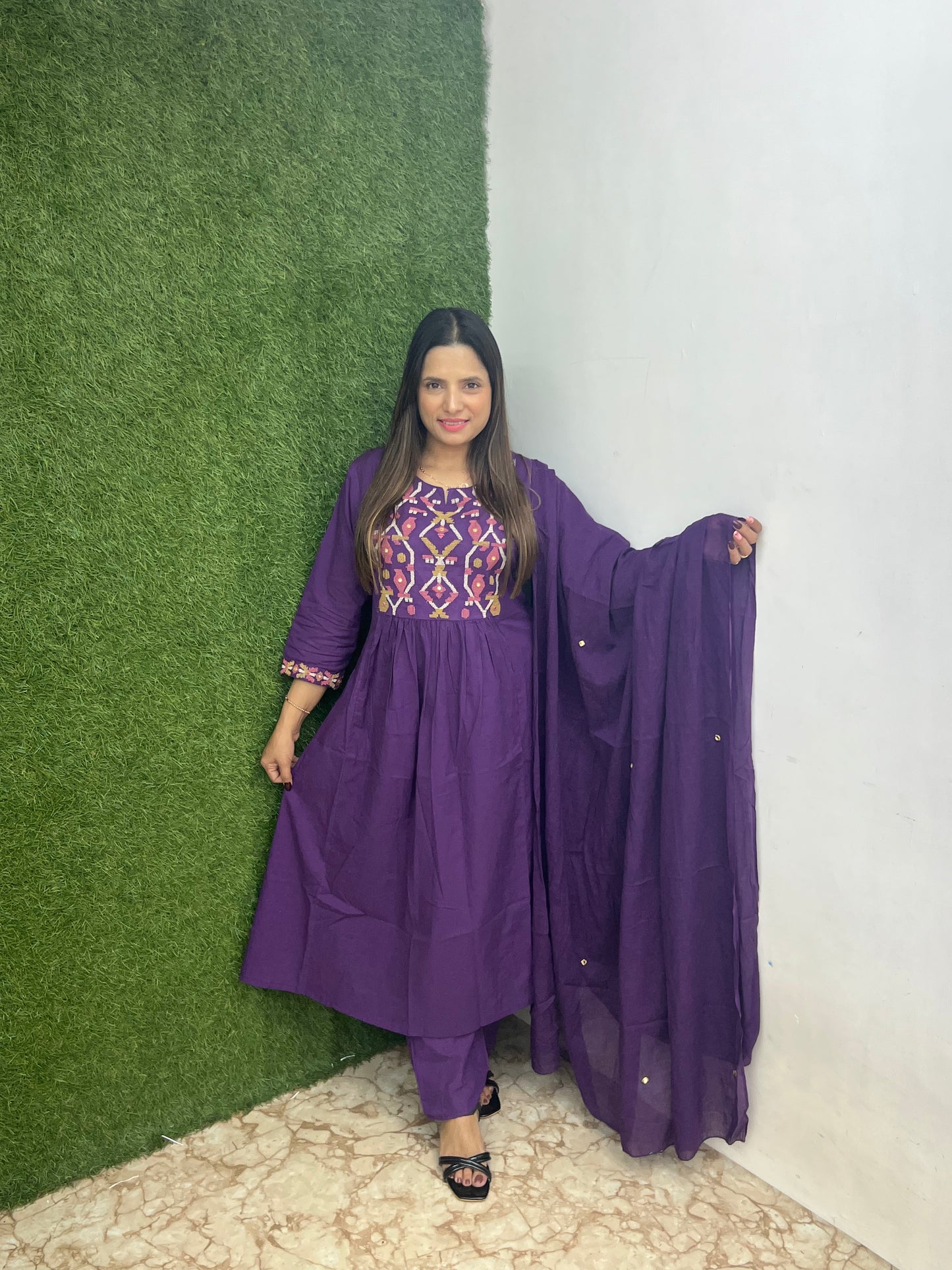 Pure Cotton A-line 3 Pc Set With Heavy Work On Neck- Purple Color