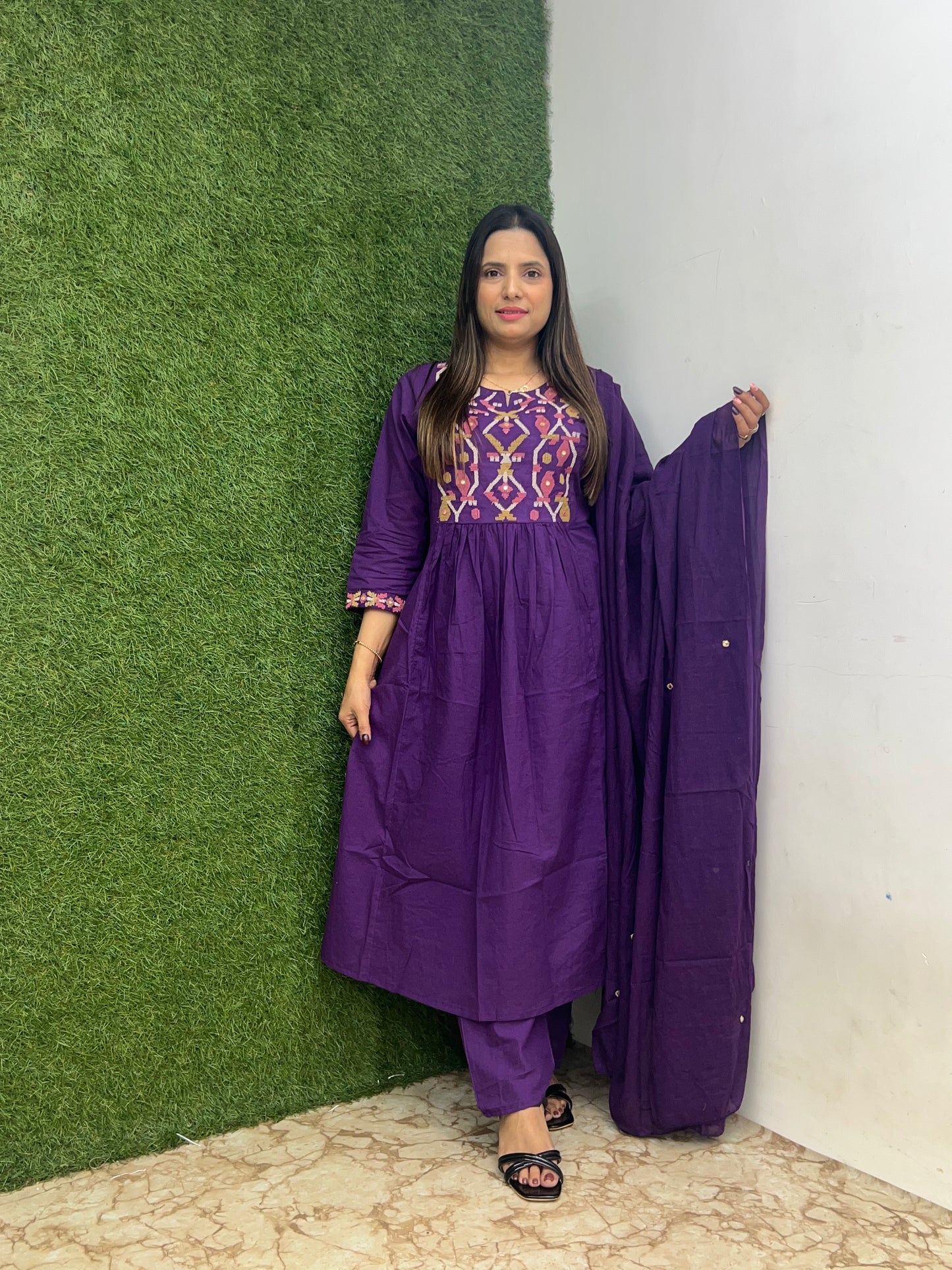 Pure Cotton A-line 3 Pc Set With Heavy Work On Neck- Purple Color