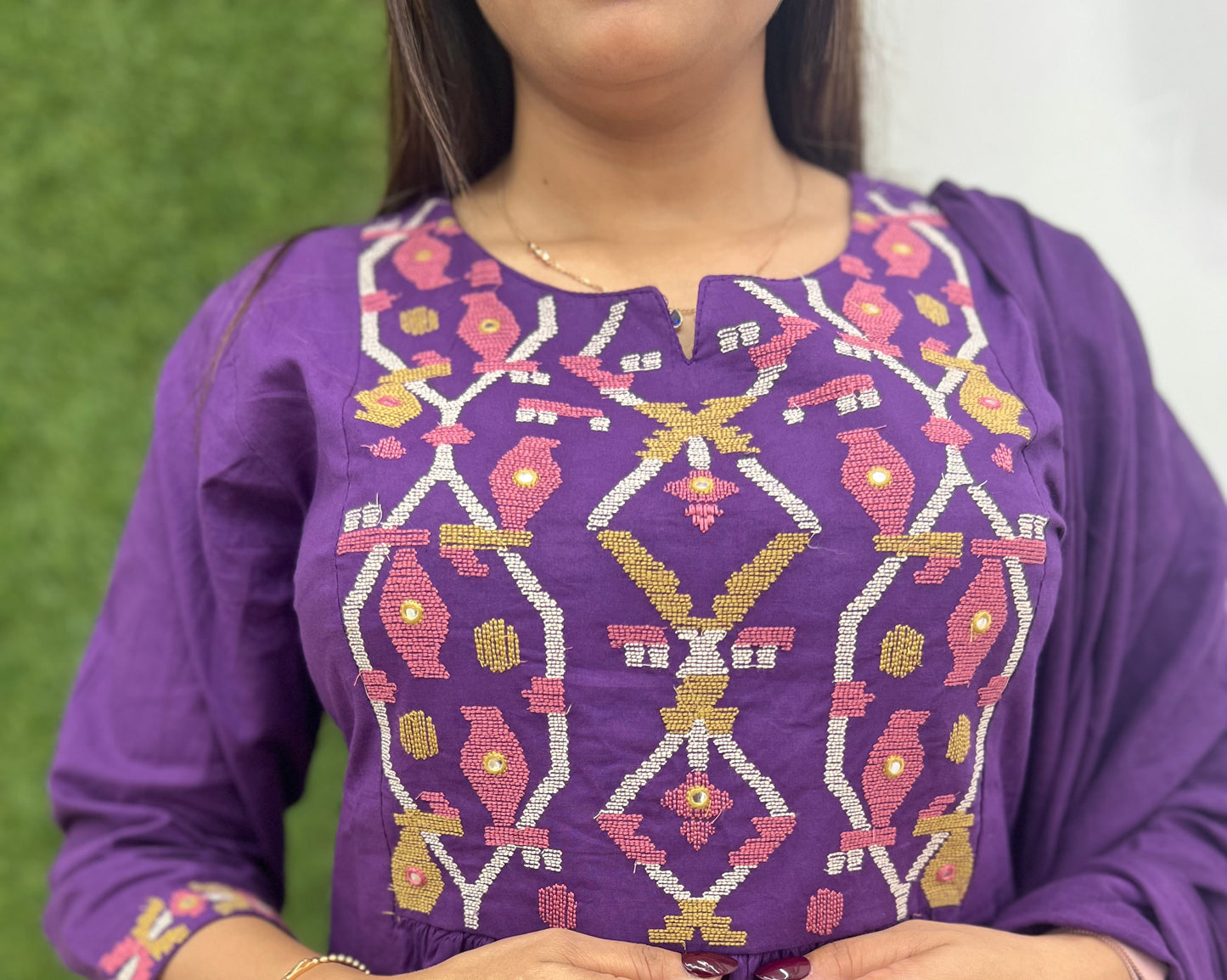 Pure Cotton A-line 3 Pc Set With Heavy Work On Neck- Purple Color