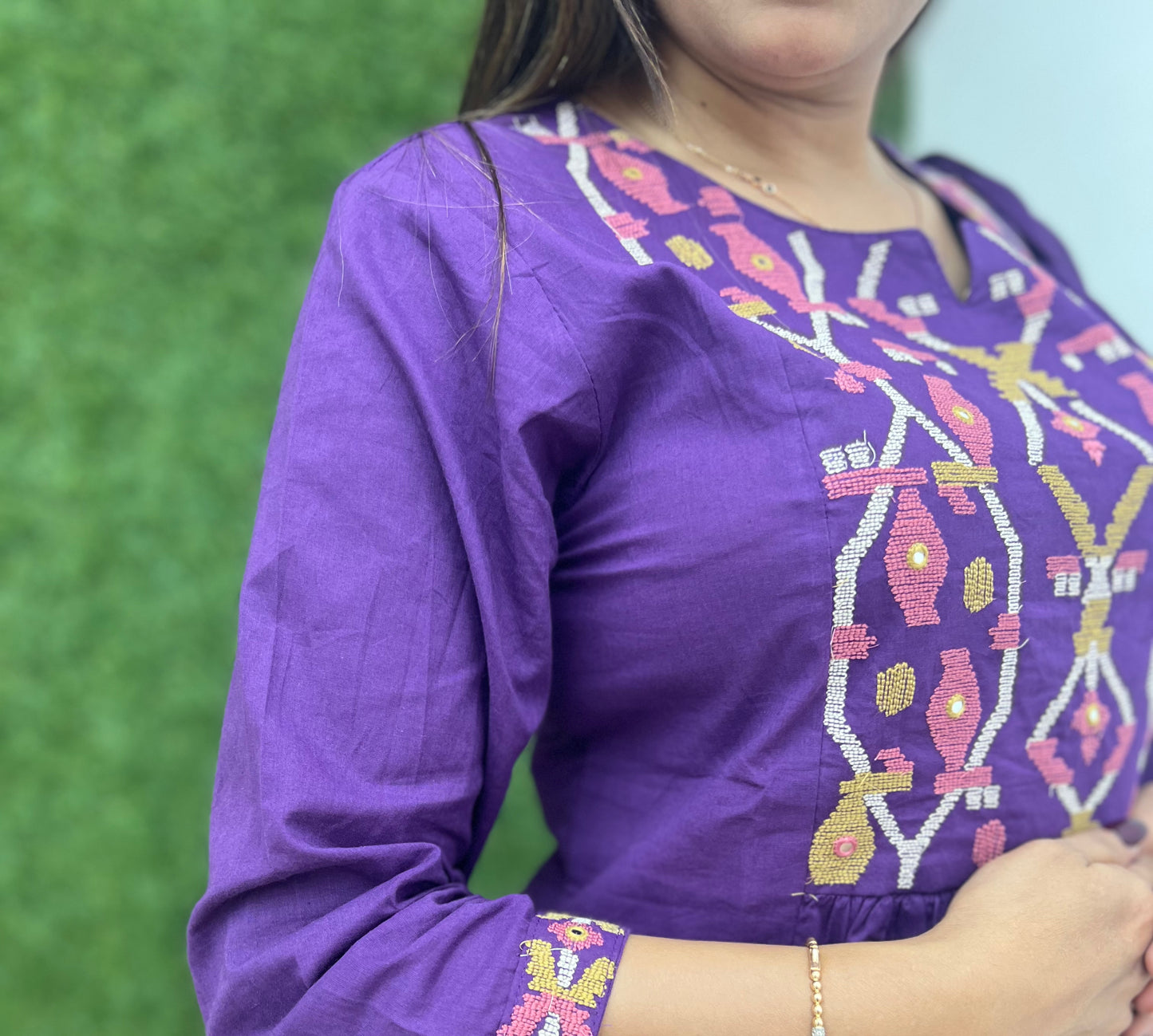 Pure Cotton A-line 3 Pc Set With Heavy Work On Neck- Purple Color