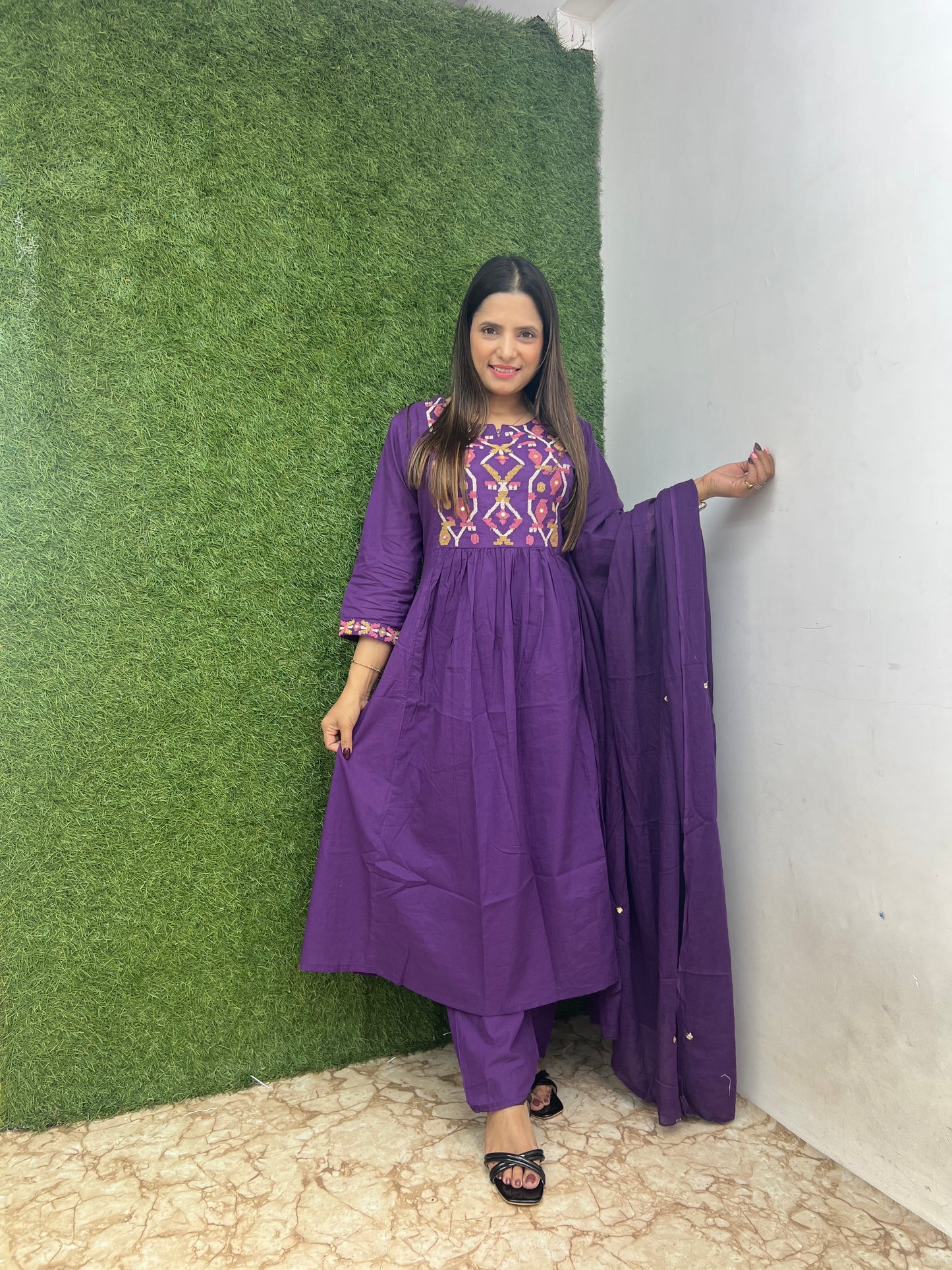 Pure Cotton A-line 3 Pc Set With Heavy Work On Neck- Purple Color