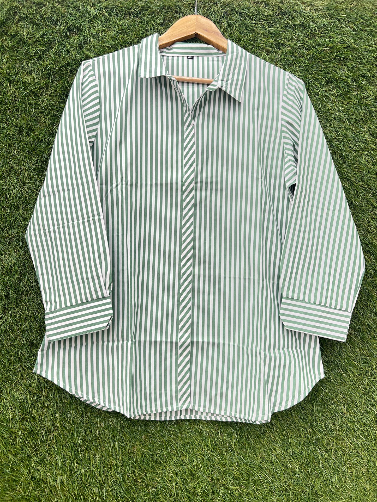 Stripes Pure Linen Shirt With Green Line