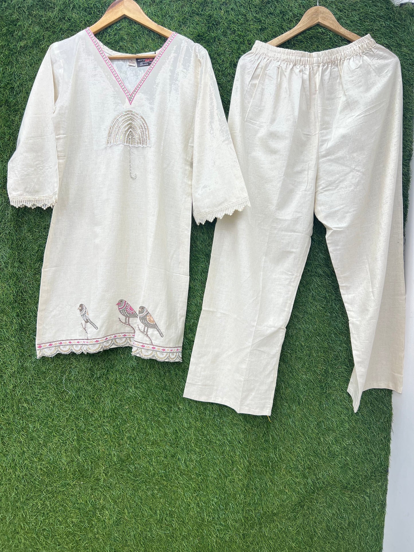 Premium Flex Cotton Figure Print Coordset With Hand Pearl Work - Off-white colour