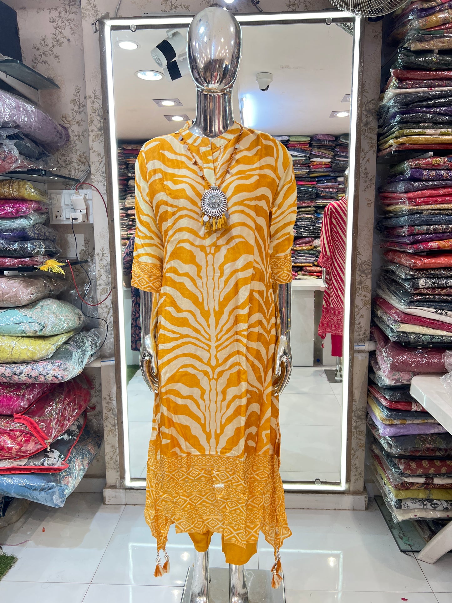Russian Silk Coordset in Lehariya Pattern Yellow Color