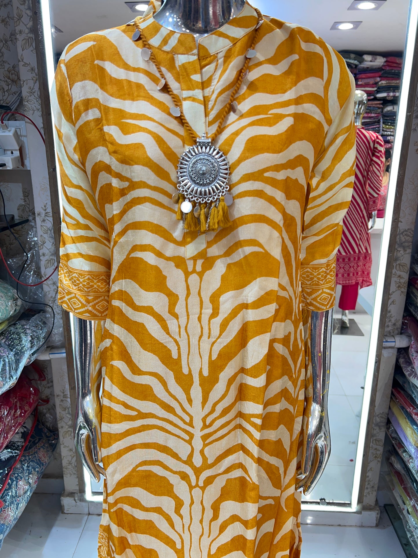 Russian Silk Coordset in Lehariya Pattern Yellow Color