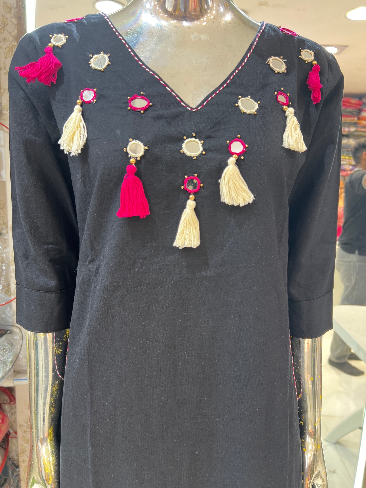 Premium Flex Cotton A Line Coordset With Abhala Mirror Work Black Color