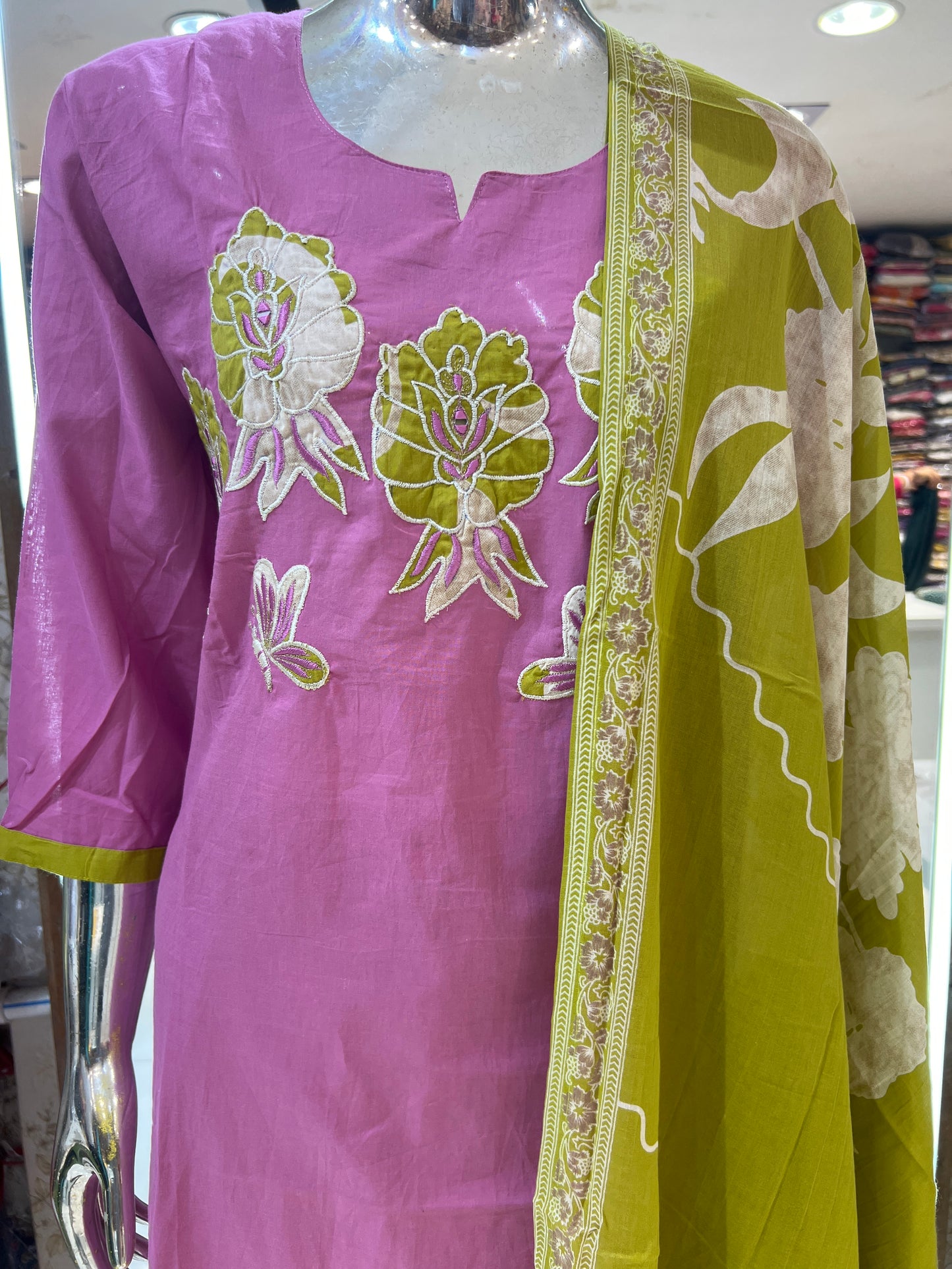 Pure cotton 3 pc Suit With applique Work Pink Color