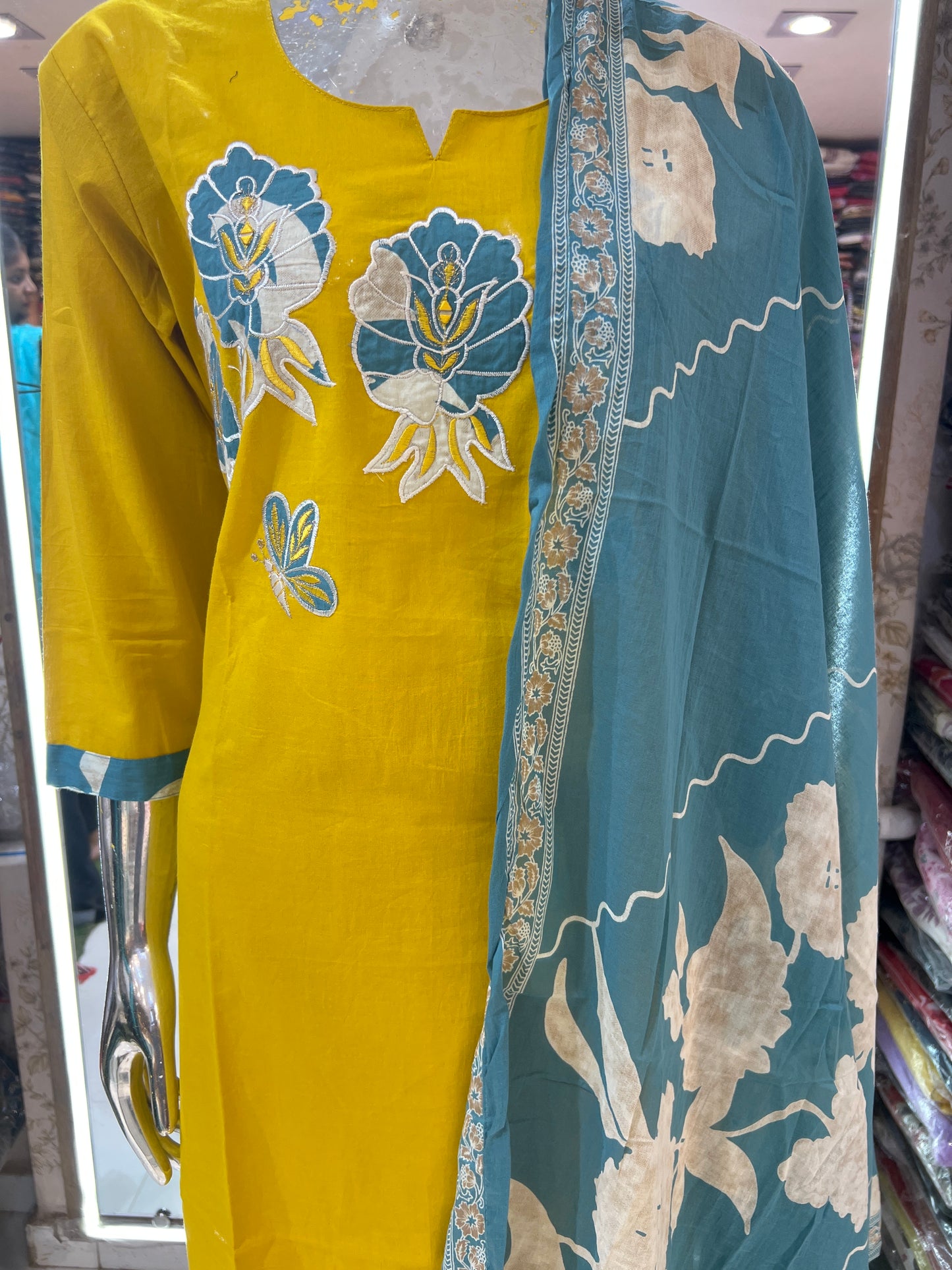 Pure cotton 3 pc Suit With applique Work Yellow Color