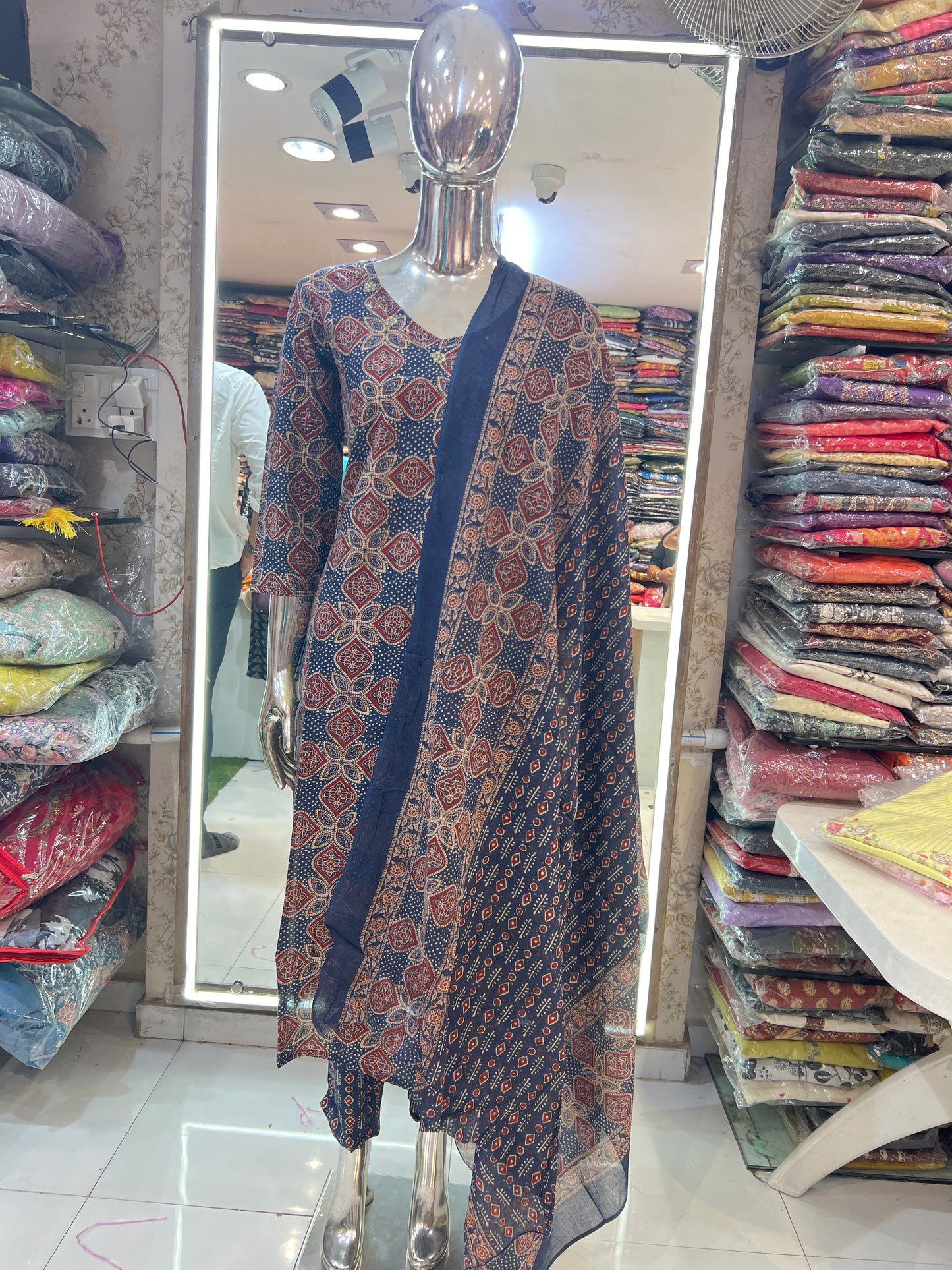 Premium Jaipuri Cotton Kalamkari Print 3 Pc Suit With Pearl Work
