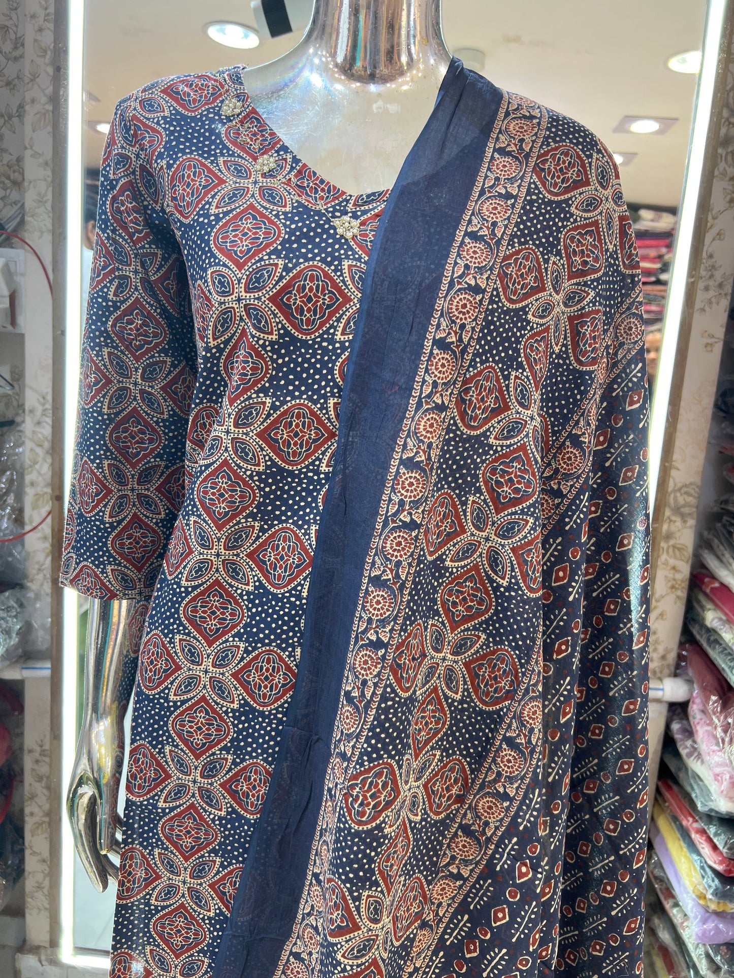Premium Jaipuri Cotton Kalamkari Print 3 Pc Suit With Pearl Work