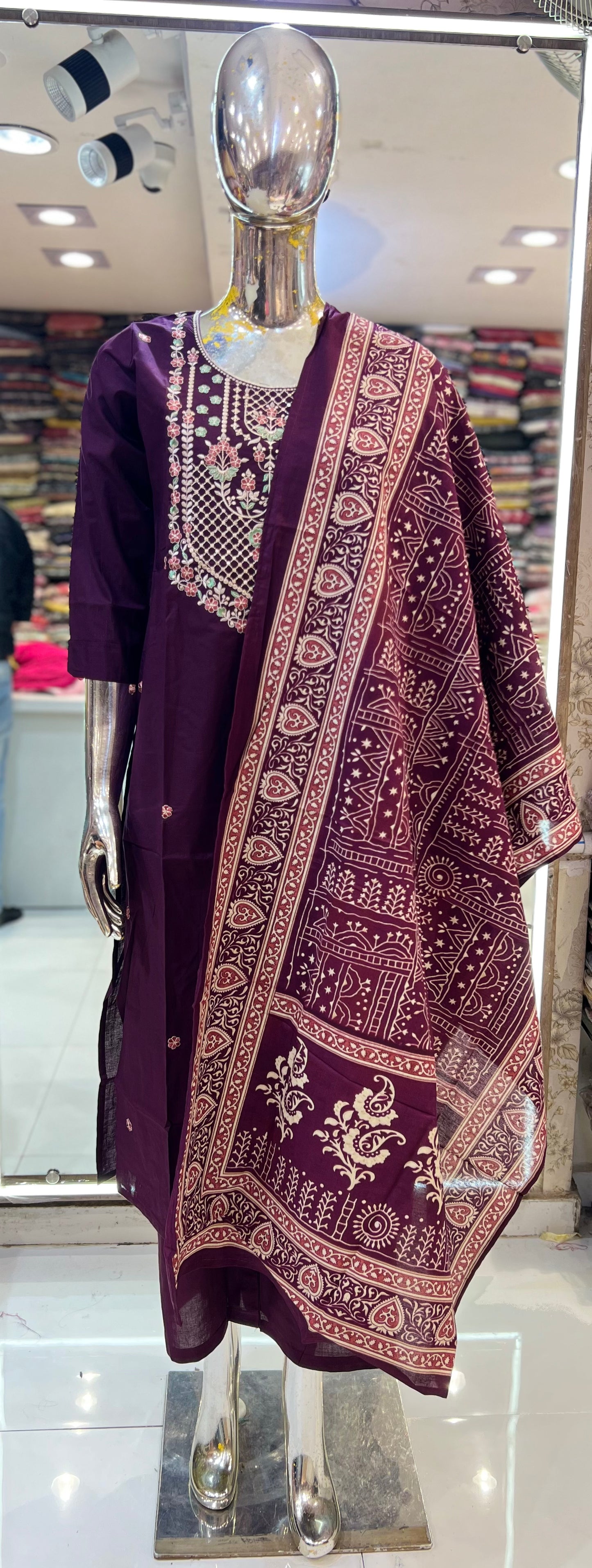 Pure Cotton 3pc Set Embrodeiry Work Maroon Color