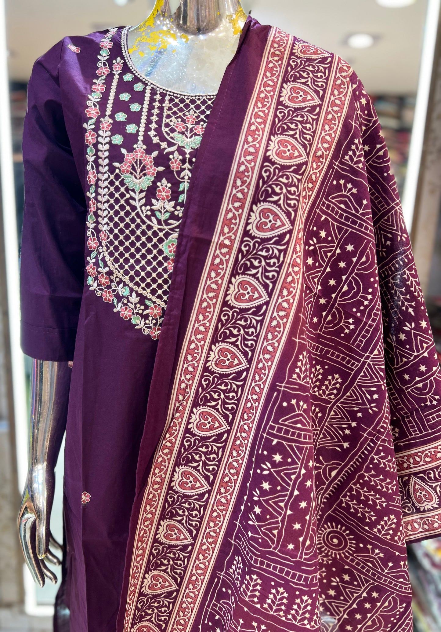 Pure Cotton 3pc Set Embrodeiry Work Maroon Color