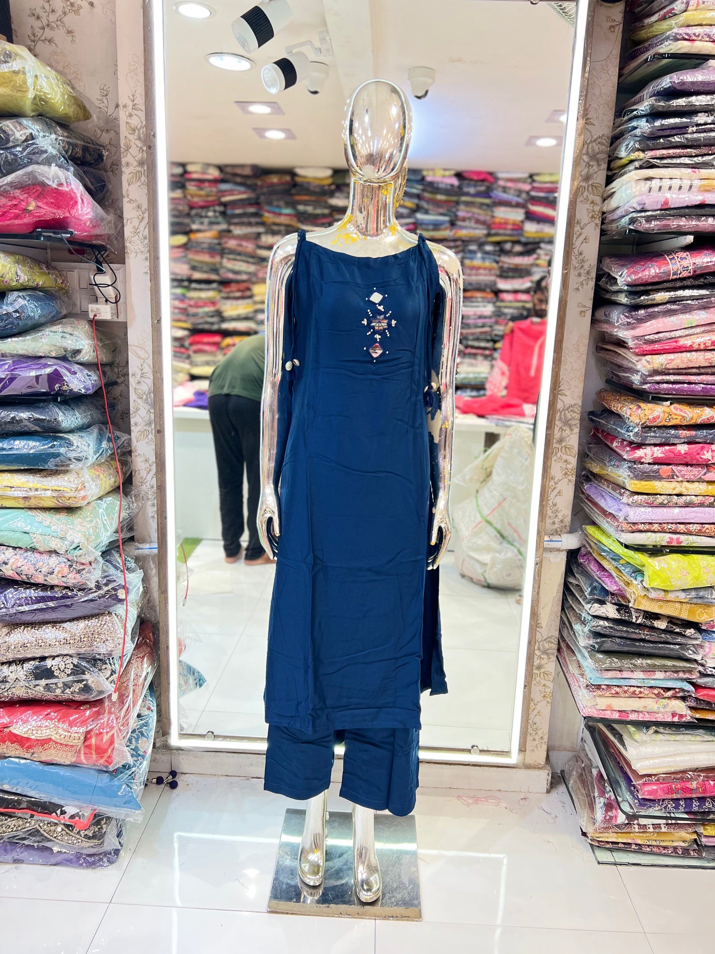 Pure Gaji Silk Spaghetti Pattern 2pc Set Blue Color