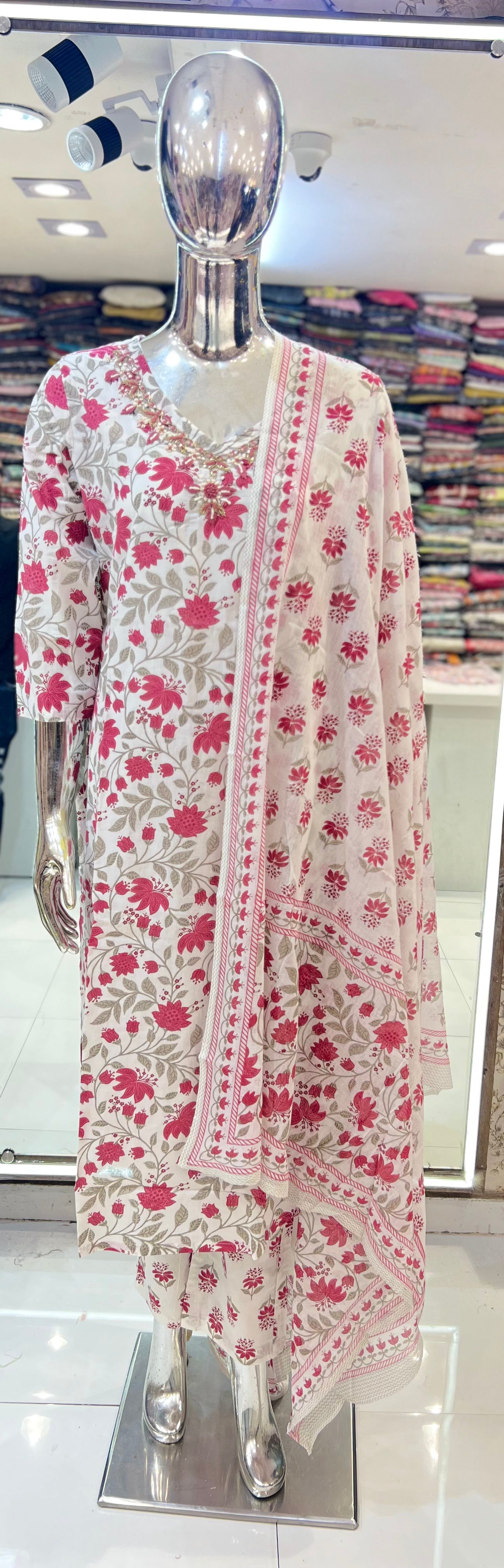 Pure Cotton 3pc Set Floral Print White Color pink flower