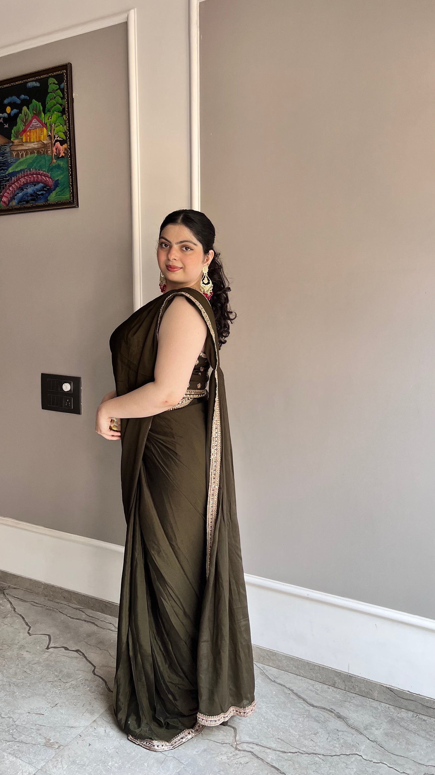 Crush Silk Dark Mahendi Green Raffle Saree