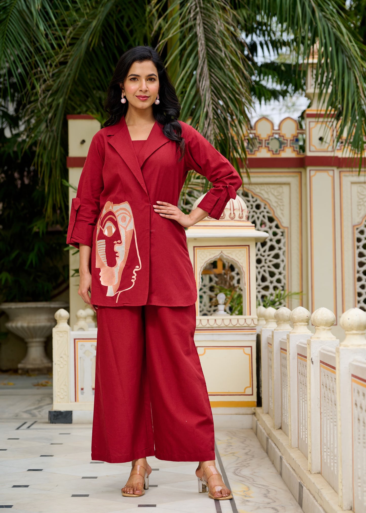(Pre-Order) Style: Blazer-Style Cotton Coord Set with Inner and Palazzo