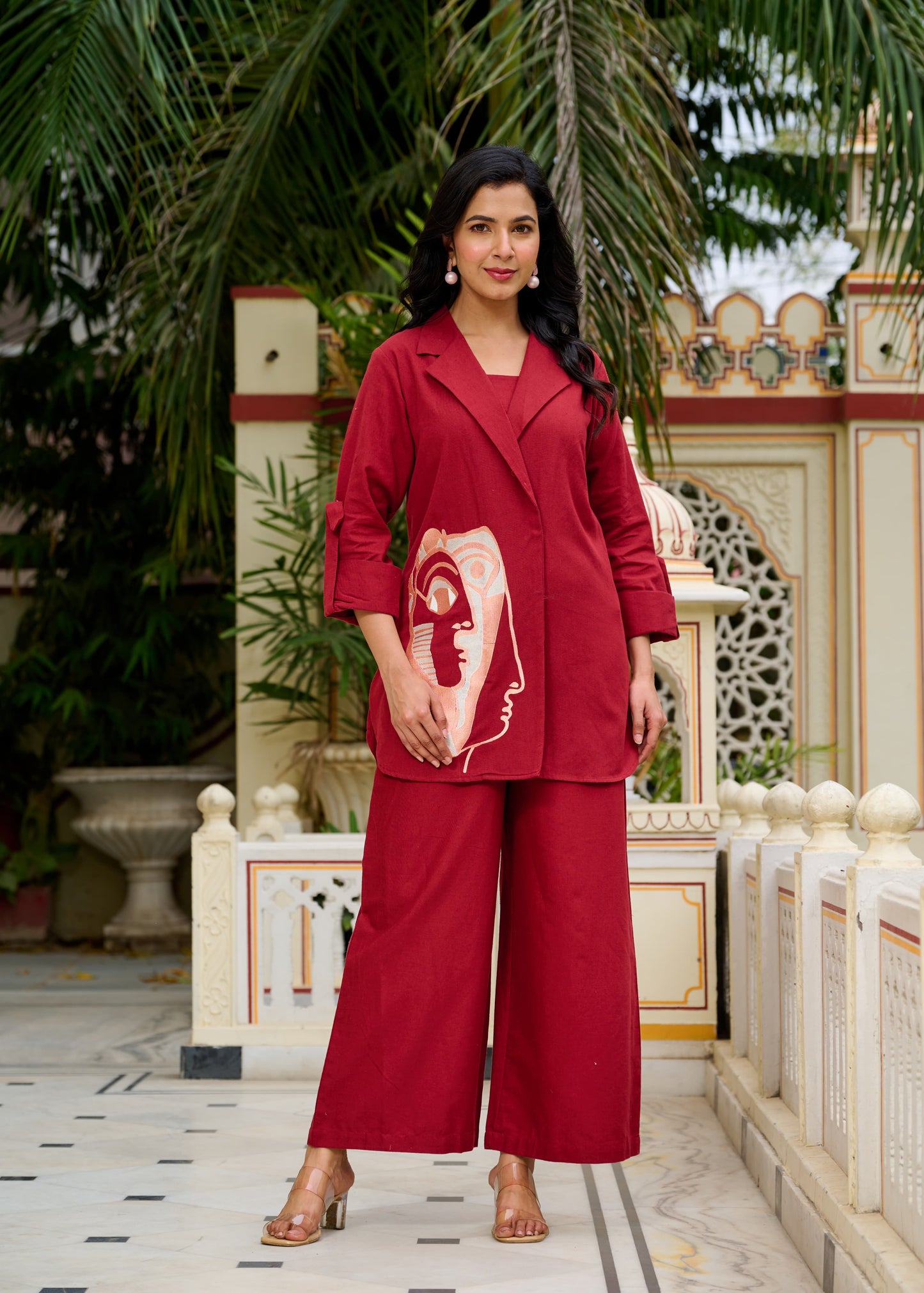 (Pre-Order) Style: Blazer-Style Cotton Coord Set with Inner and Palazzo