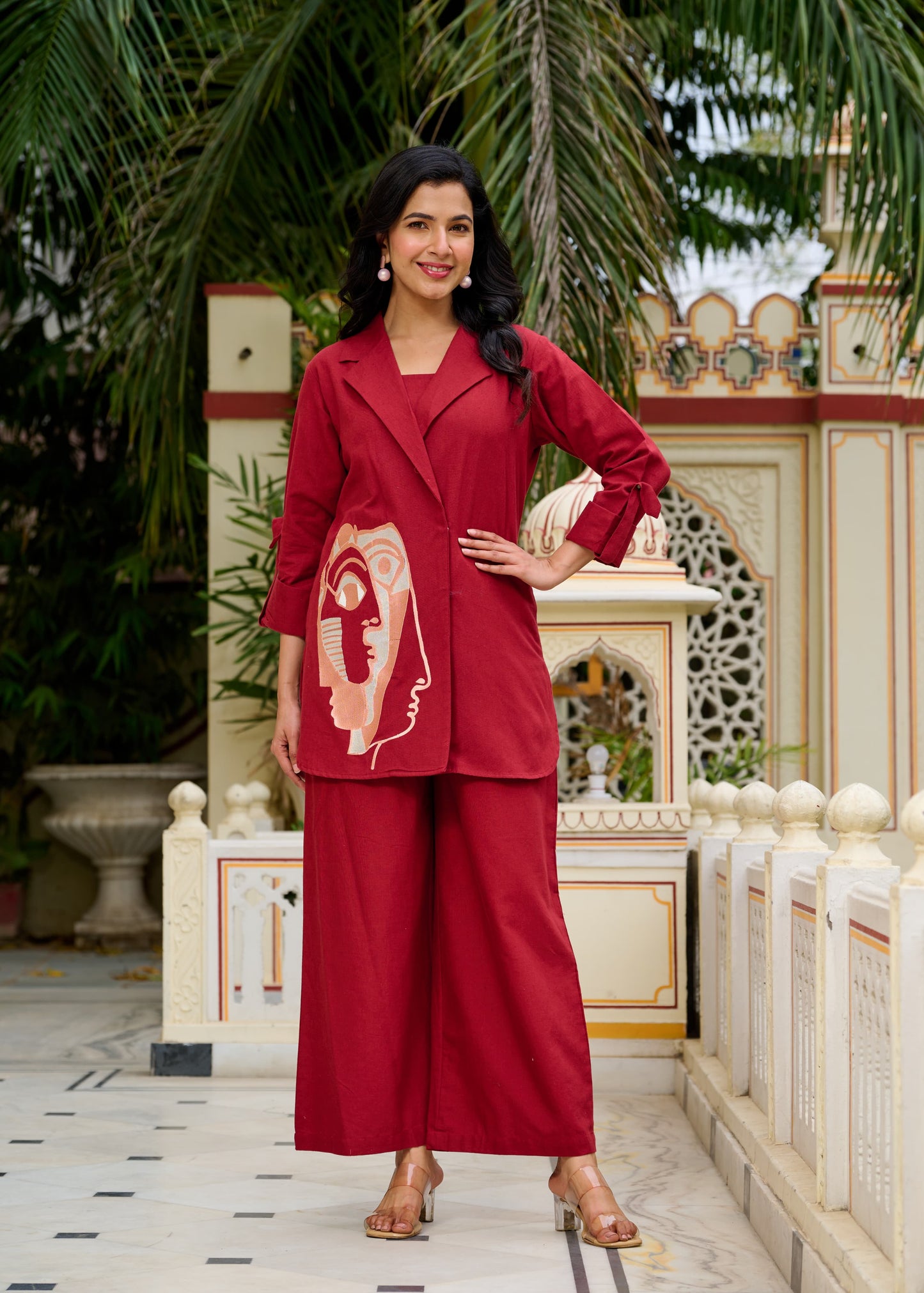 (Pre-Order) Style: Blazer-Style Cotton Coord Set with Inner and Palazzo