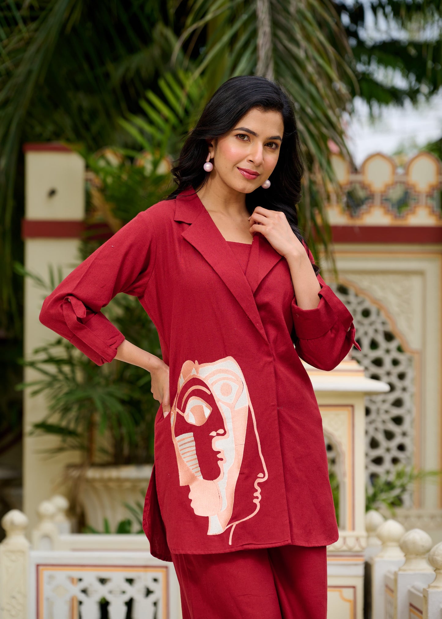 (Pre-Order) Style: Blazer-Style Cotton Coord Set with Inner and Palazzo