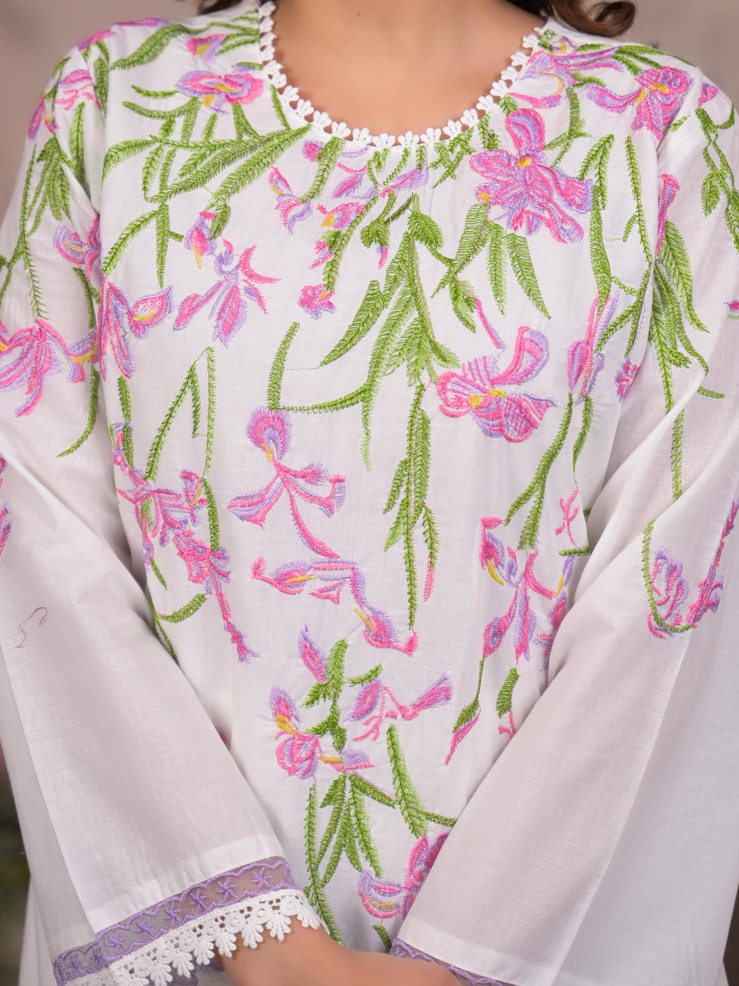 Pure Mull Cotton Cordset With Lace Embroidery On Top and Sleeves White Color