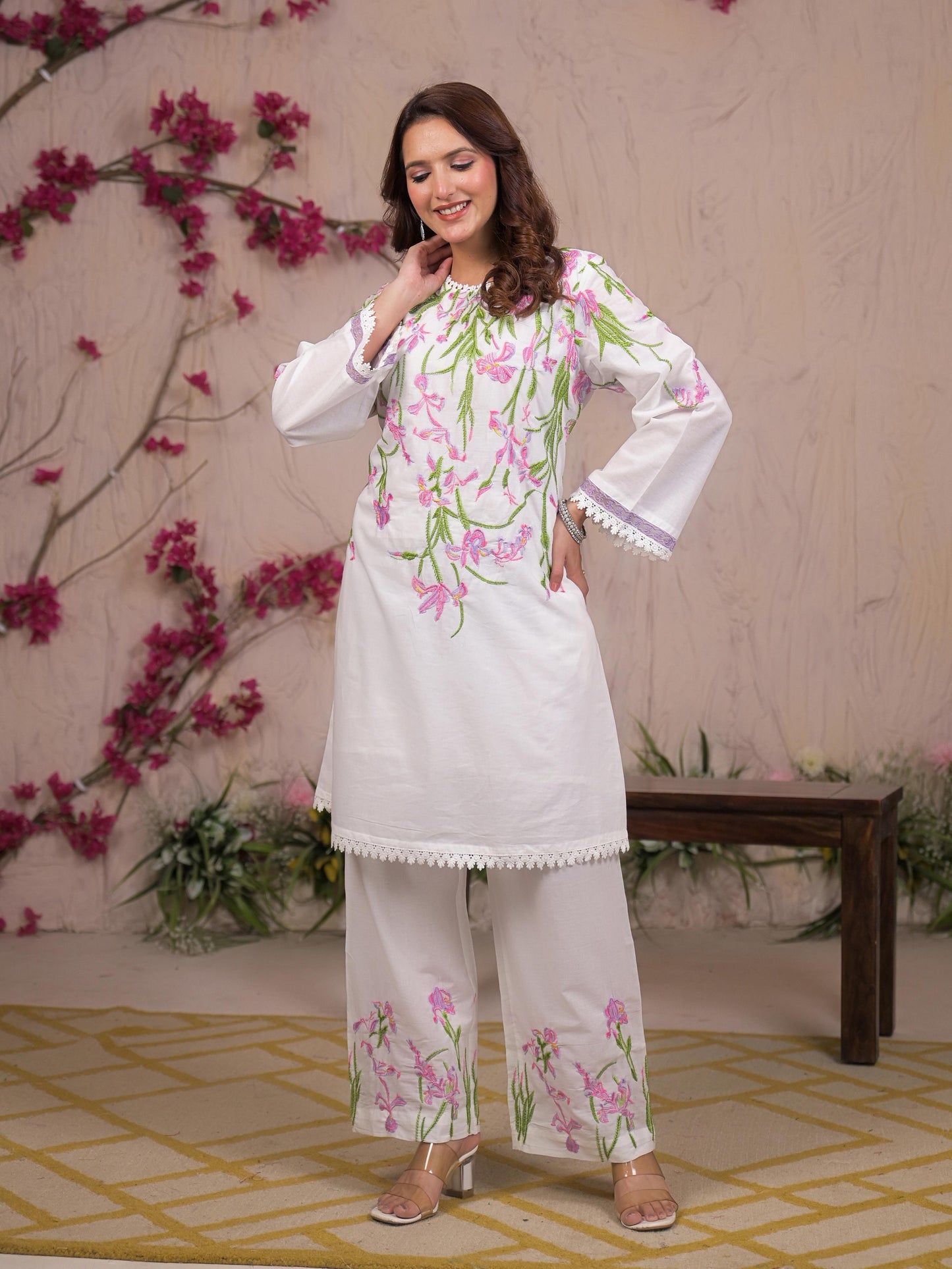 Pure Mull Cotton Cordset With Lace Embroidery On Top and Sleeves White Color