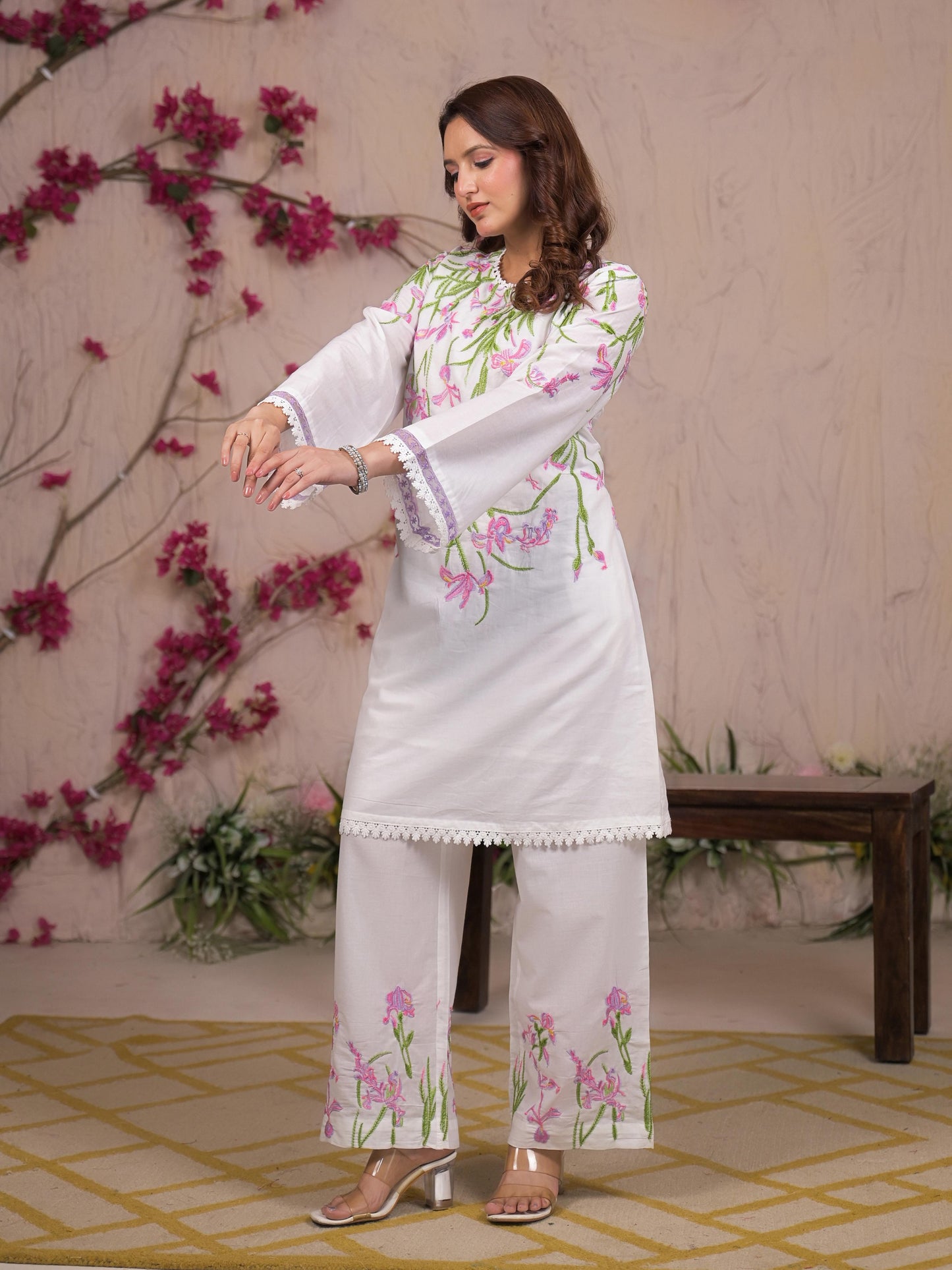 Pure Mull Cotton Cordset With Lace Embroidery On Top and Sleeves White Color
