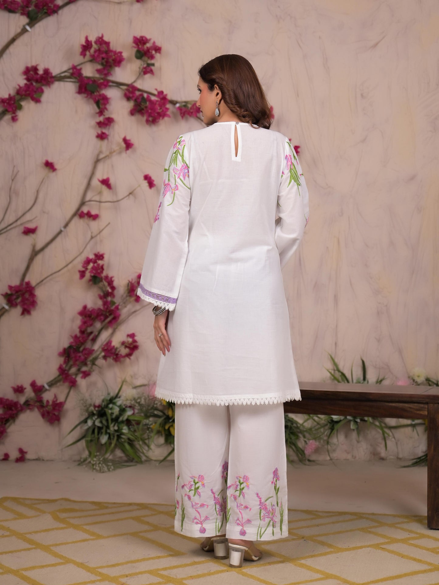 Pure Mull Cotton Cordset With Lace Embroidery On Top and Sleeves White Color