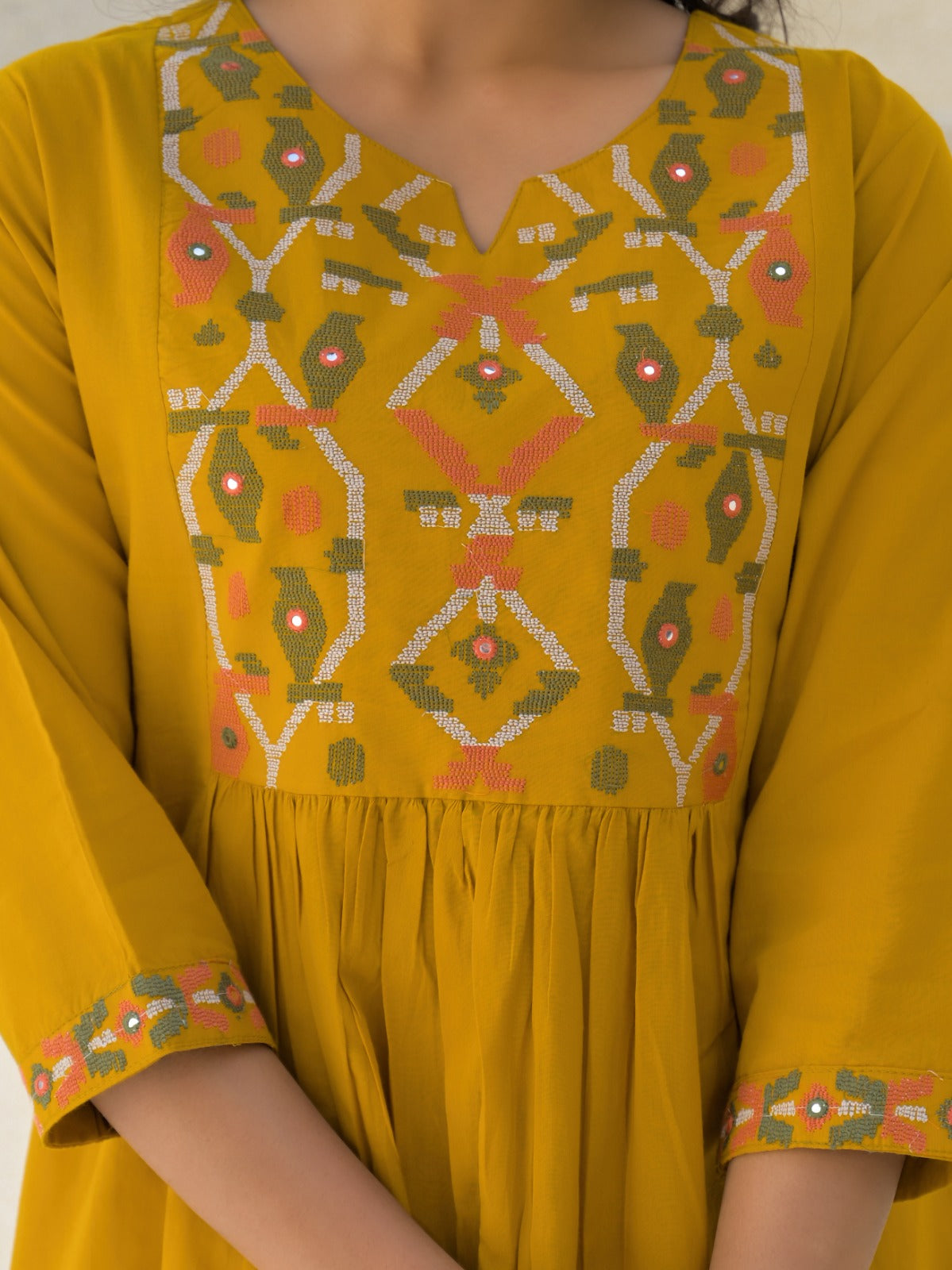 Pure cotton A-line 3 Pc Set With Heavy Work On Neck Yellow Color