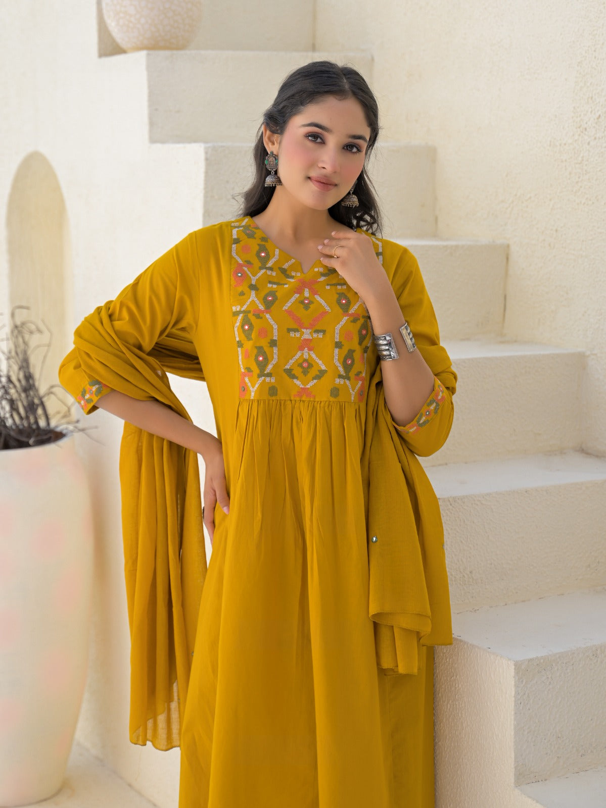 Pure cotton A-line 3 Pc Set With Heavy Work On Neck Yellow Color