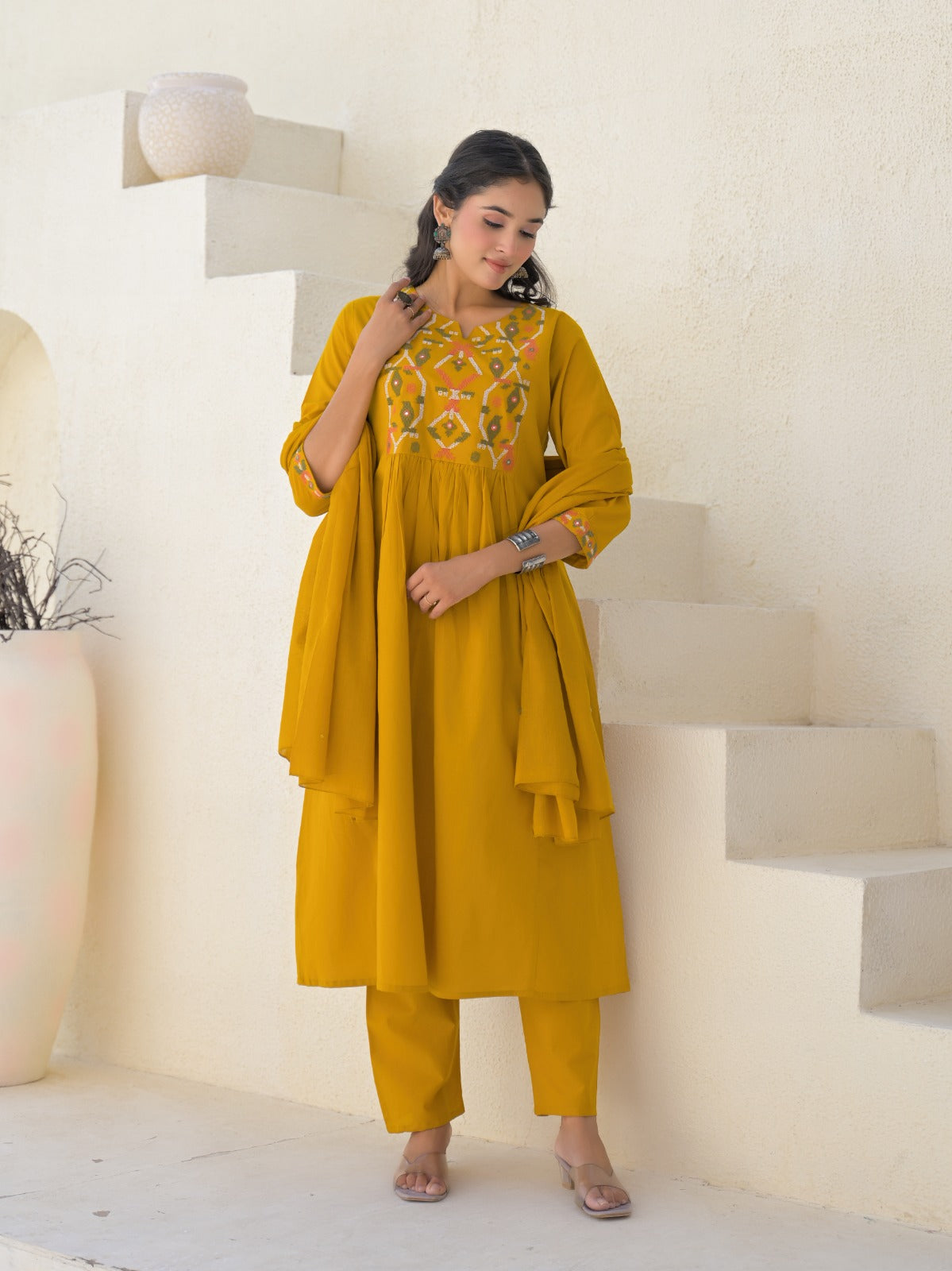 Pure cotton A-line 3 Pc Set With Heavy Work On Neck Yellow Color