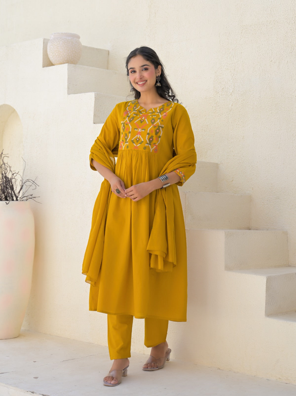 Pure cotton A-line 3 Pc Set With Heavy Work On Neck Yellow Color