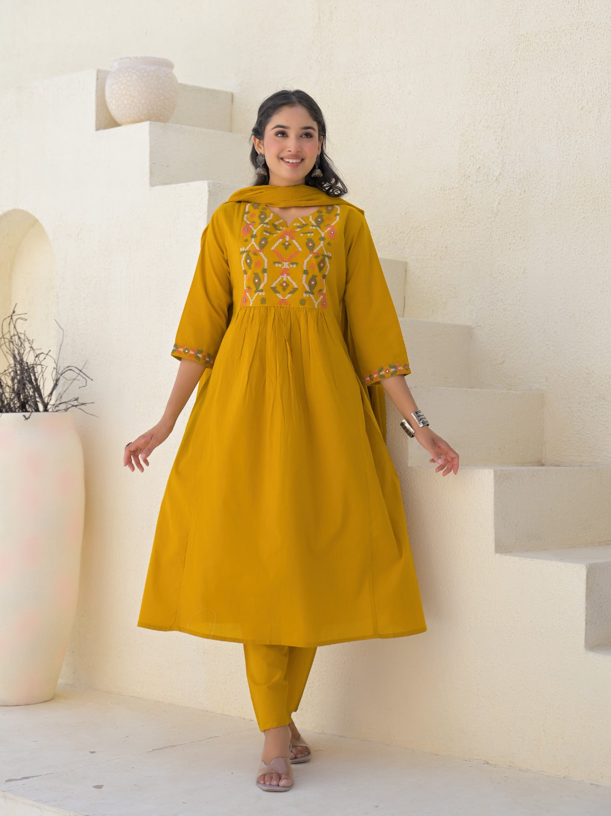 Pure cotton A-line 3 Pc Set With Heavy Work On Neck Yellow Color