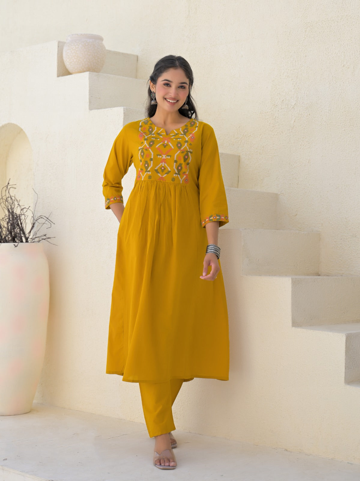 Pure cotton A-line 3 Pc Set With Heavy Work On Neck Yellow Color